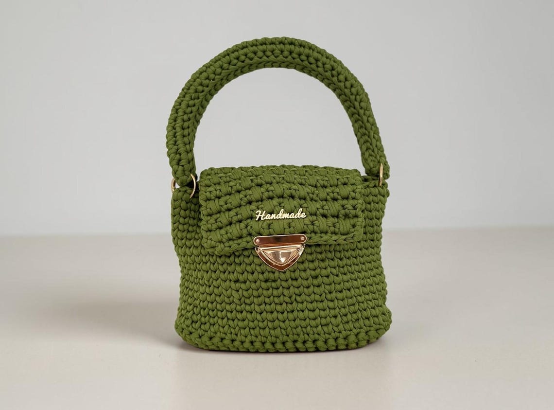 Avocado green chunky crochet bag with flap closure and gold lock