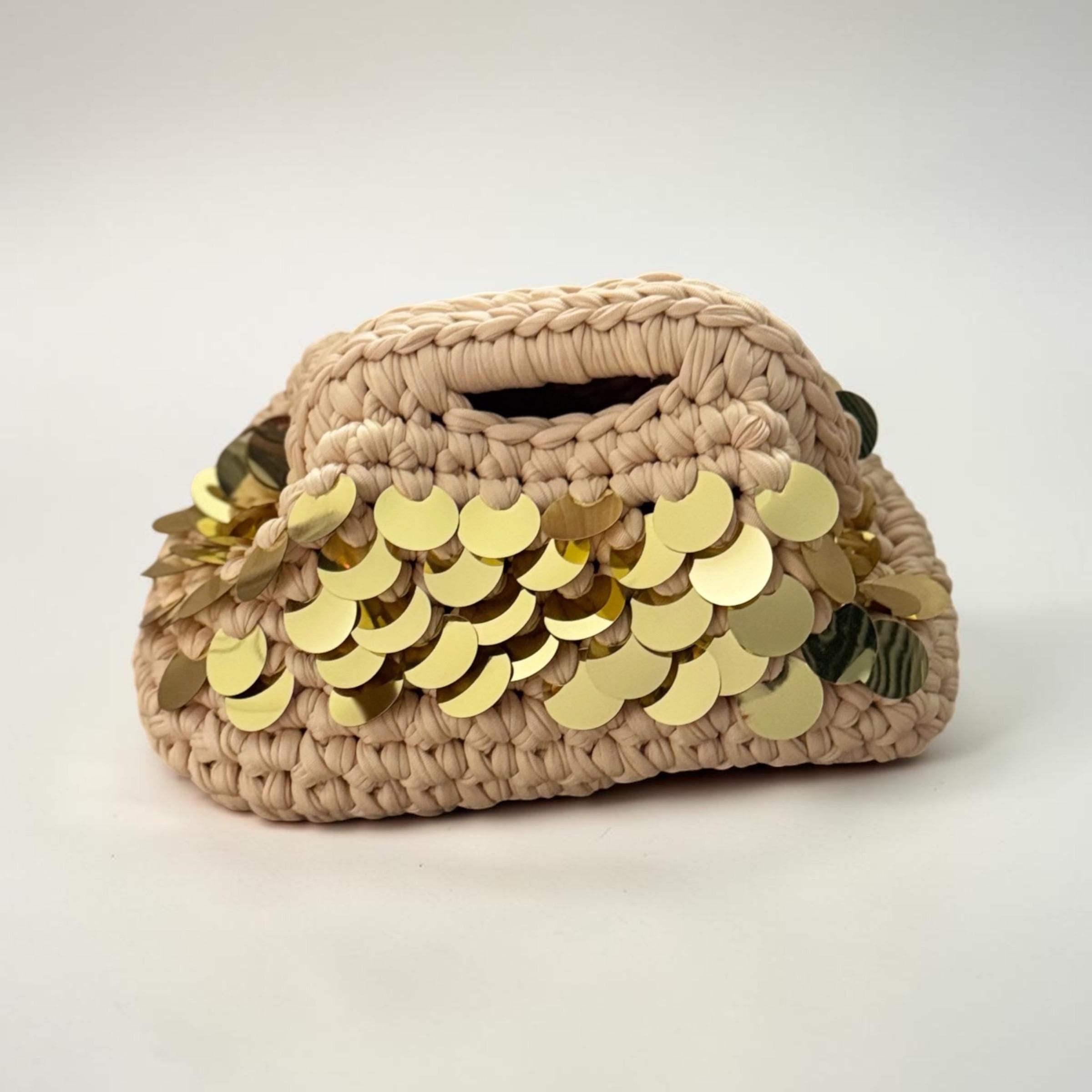 Beige & Gold Sequin Clutch, front view