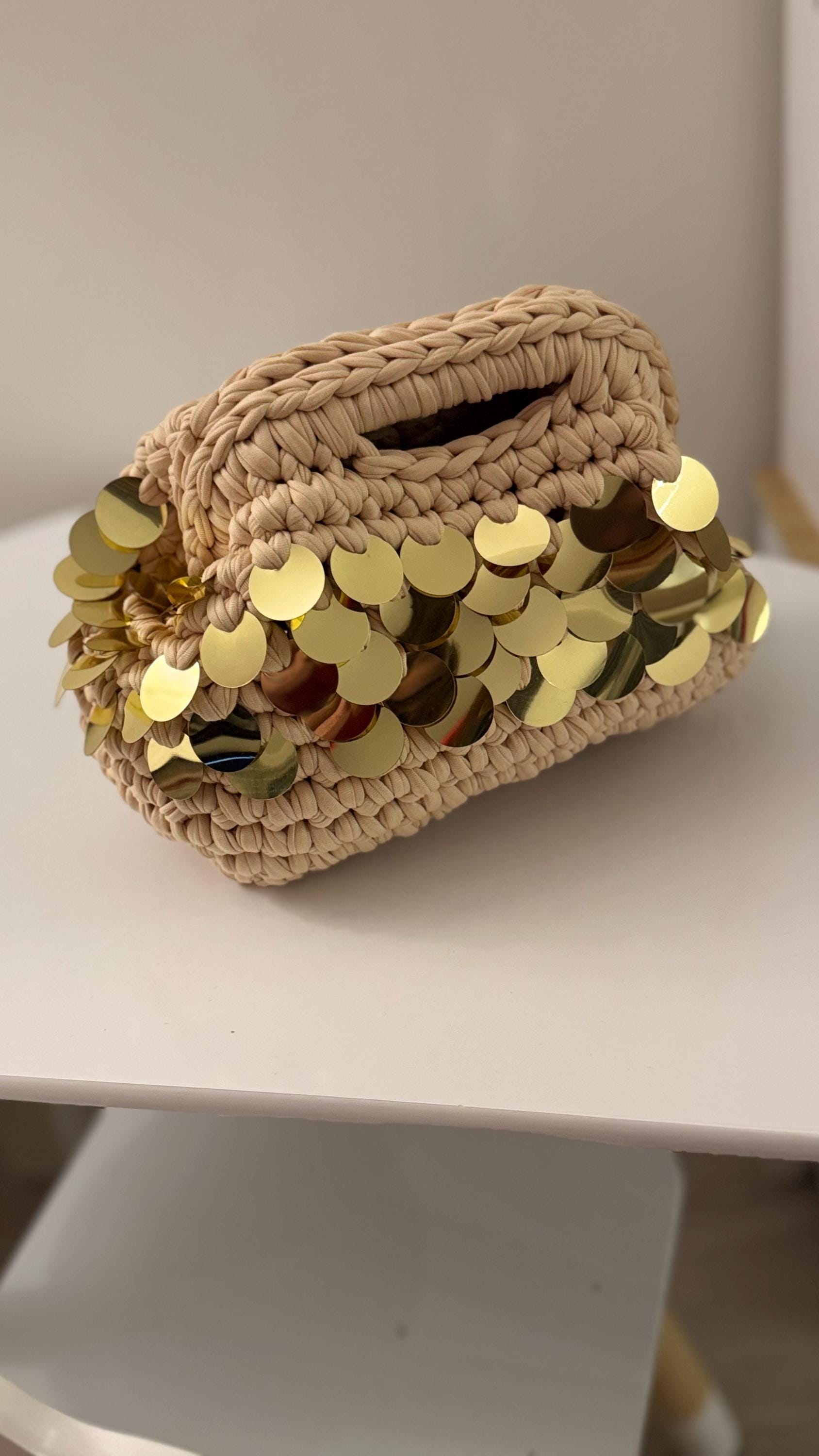 Beige & Gold Sequin Clutch, close-up of sequin detail
