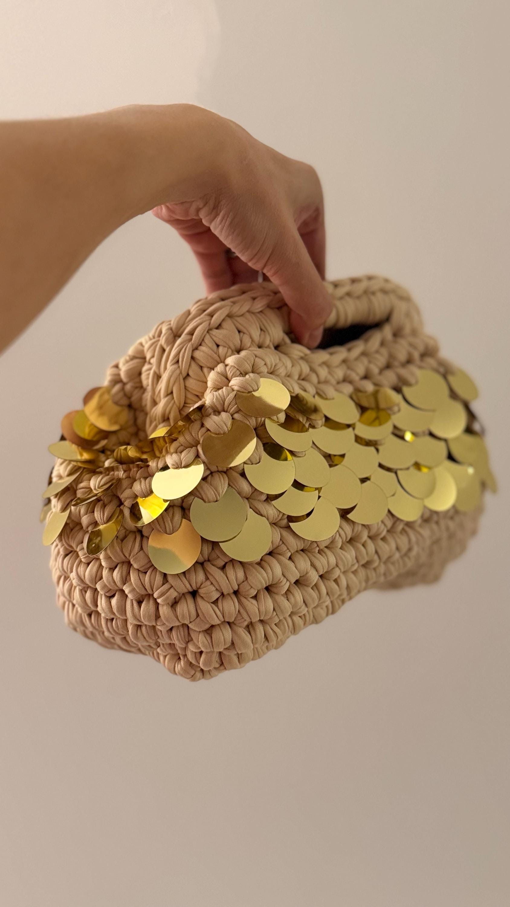 Beige & Gold Sequin Clutch, side view