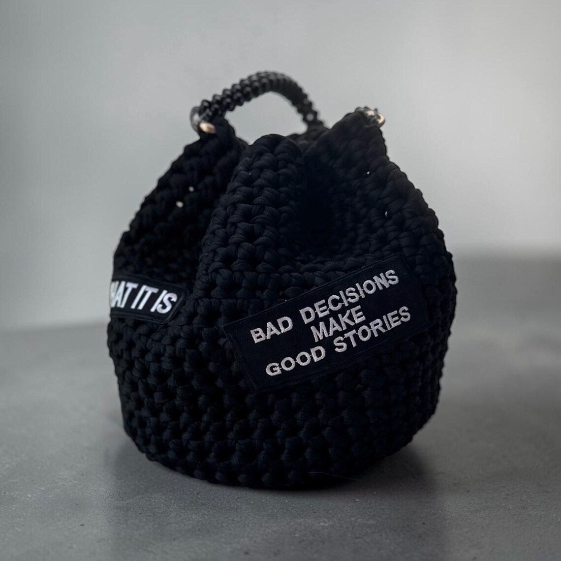 Black T-Shirt Yarn Bucket Bag, side view