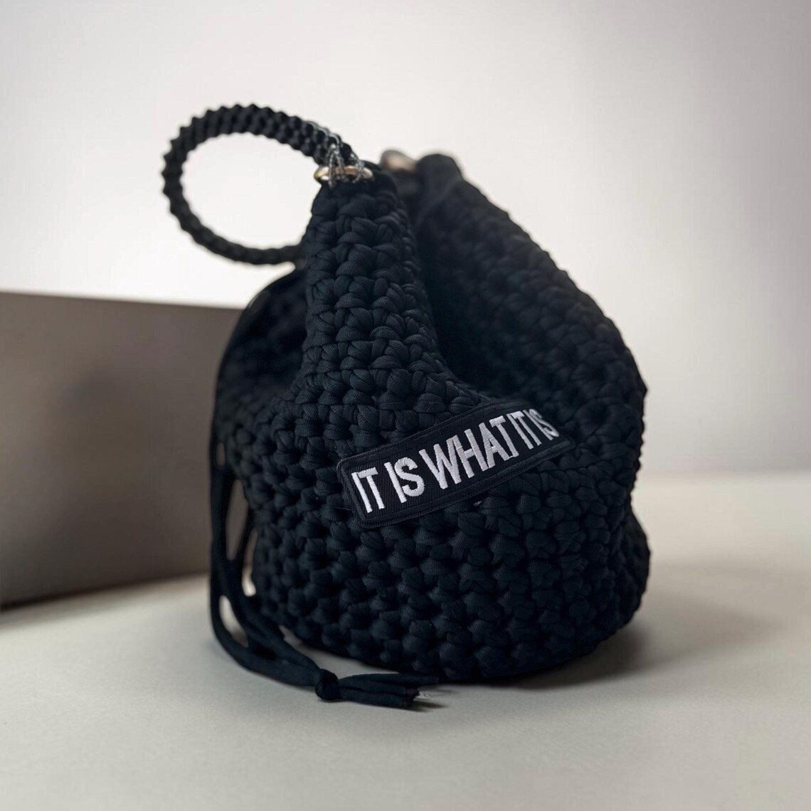 Black T-Shirt Yarn Bucket Bag, detail view