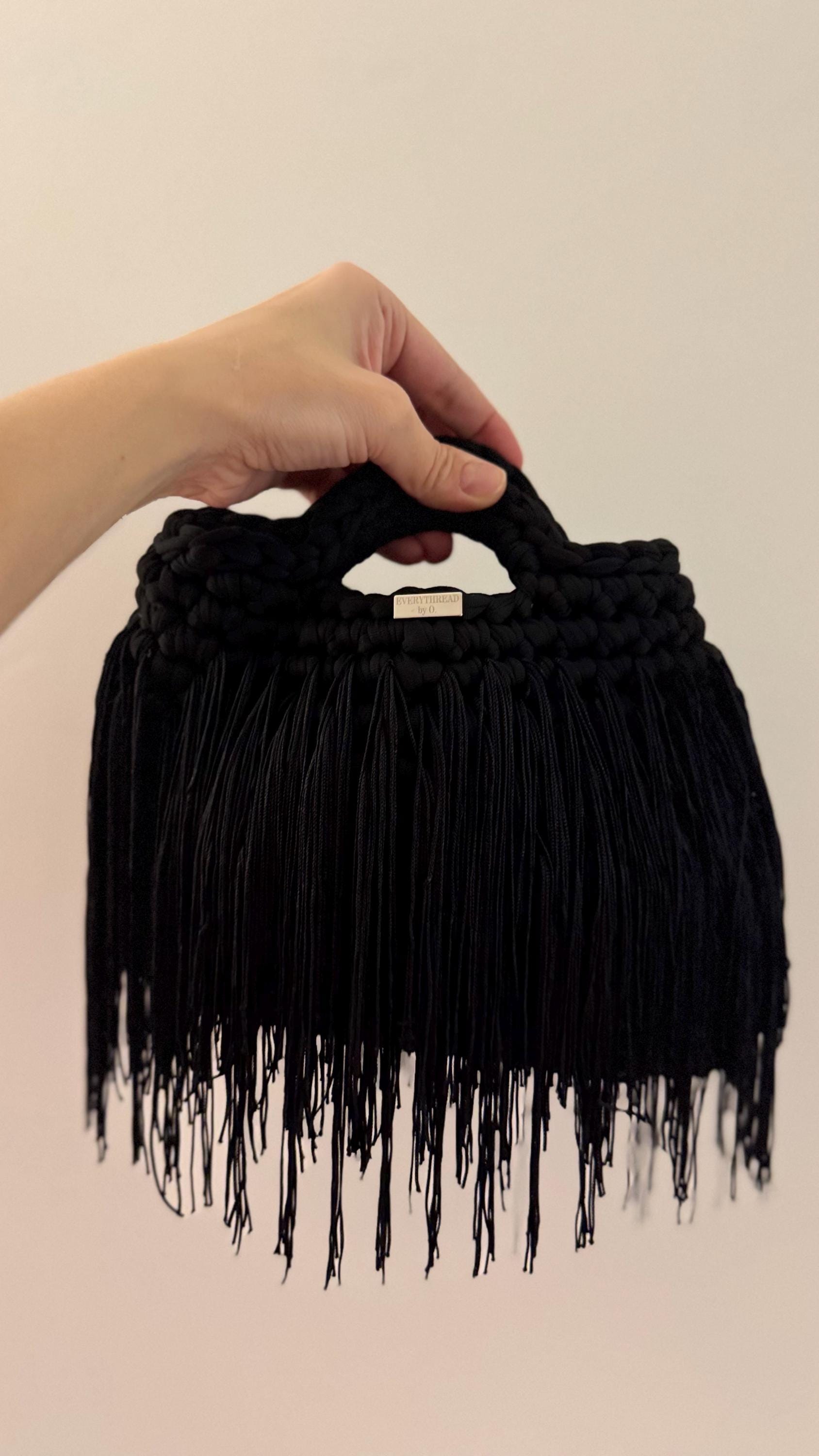 Black Fringe Crochet Handbag, side view