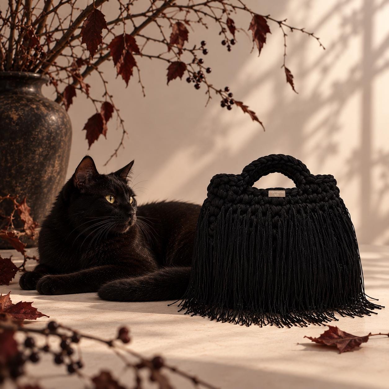 Black Fringe Crochet Handbag, styled view