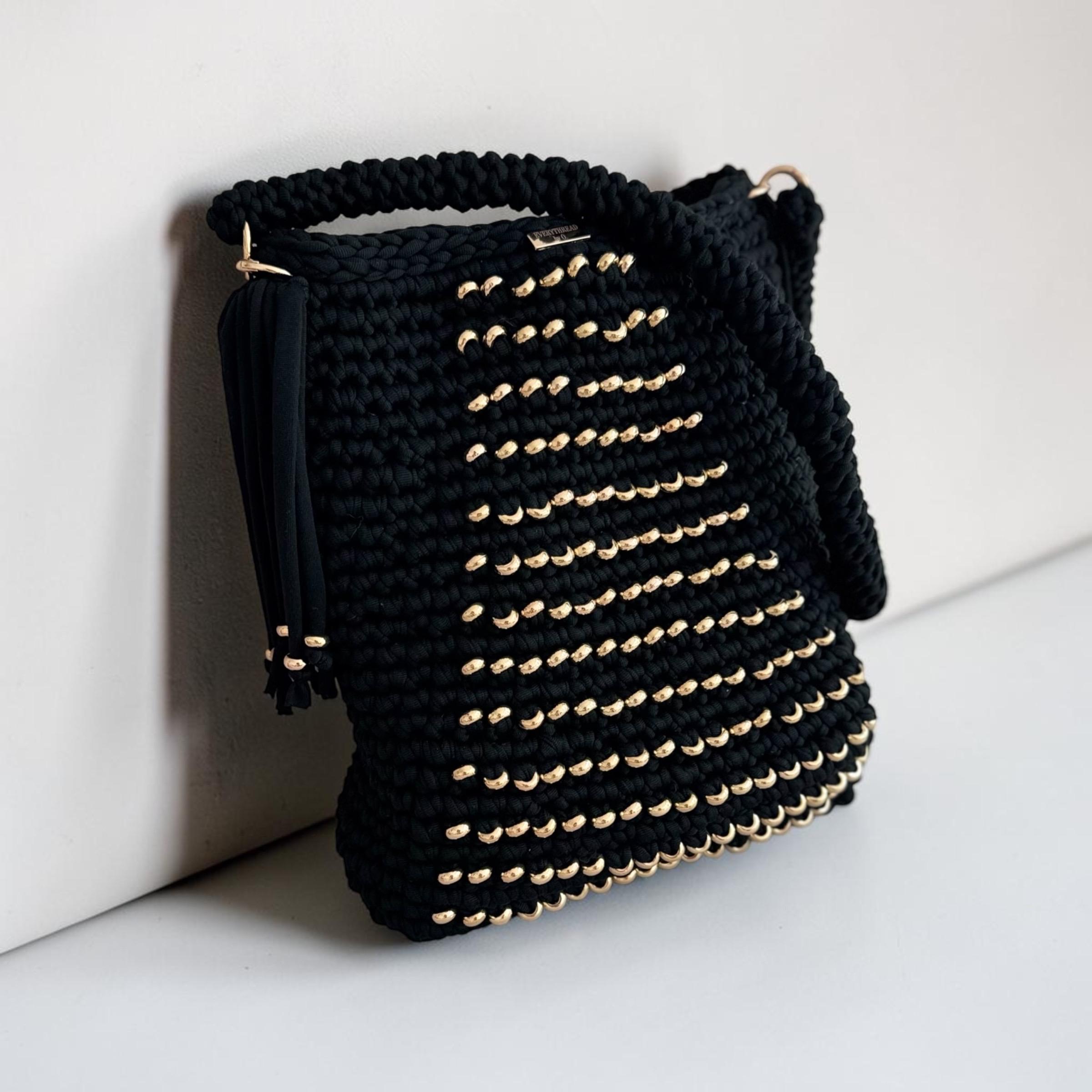 Black Shoulder Bag with Golden Beads, close-up of beaded detail