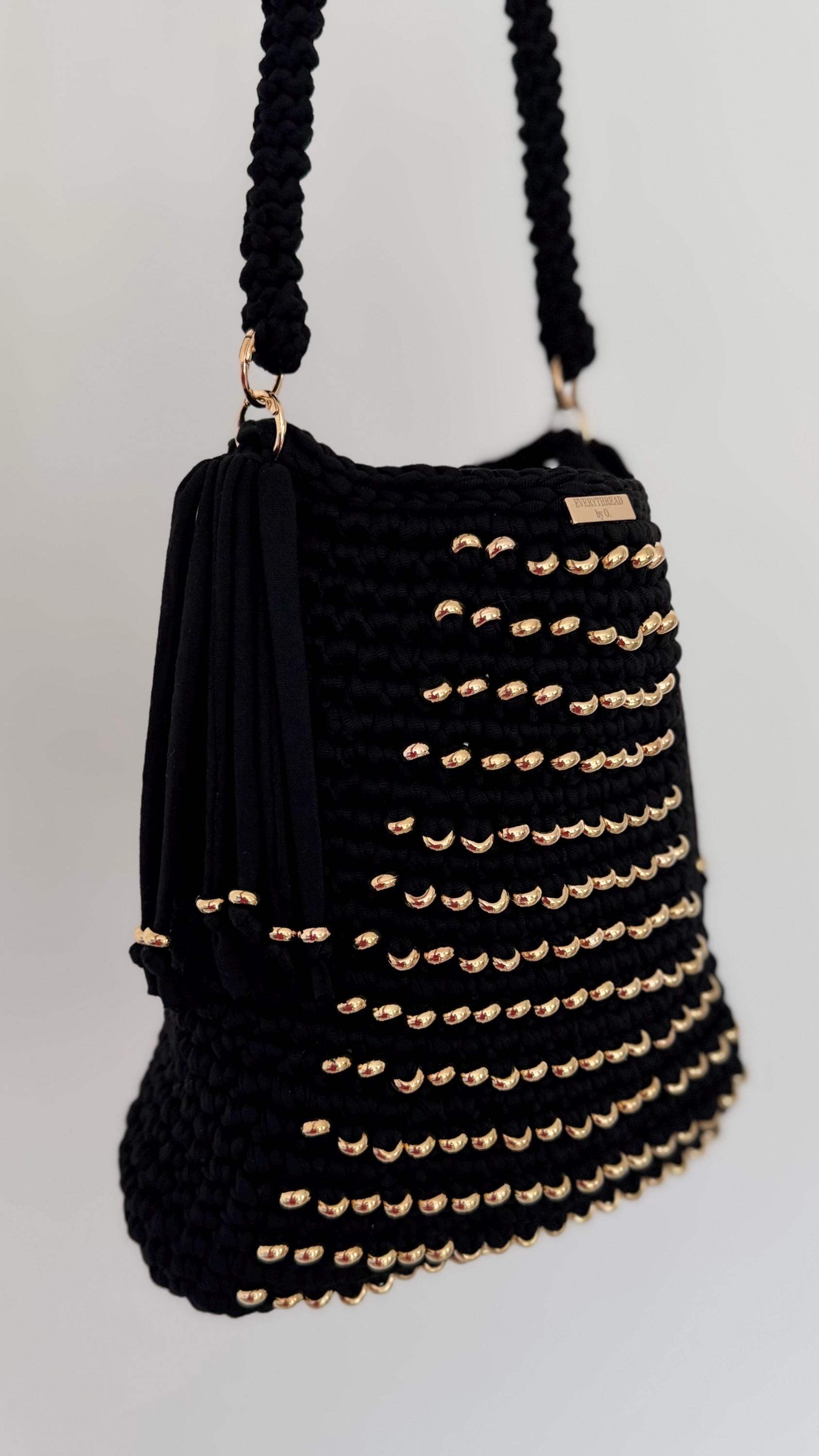 Black Shoulder Bag with Golden Beads, tassel detail