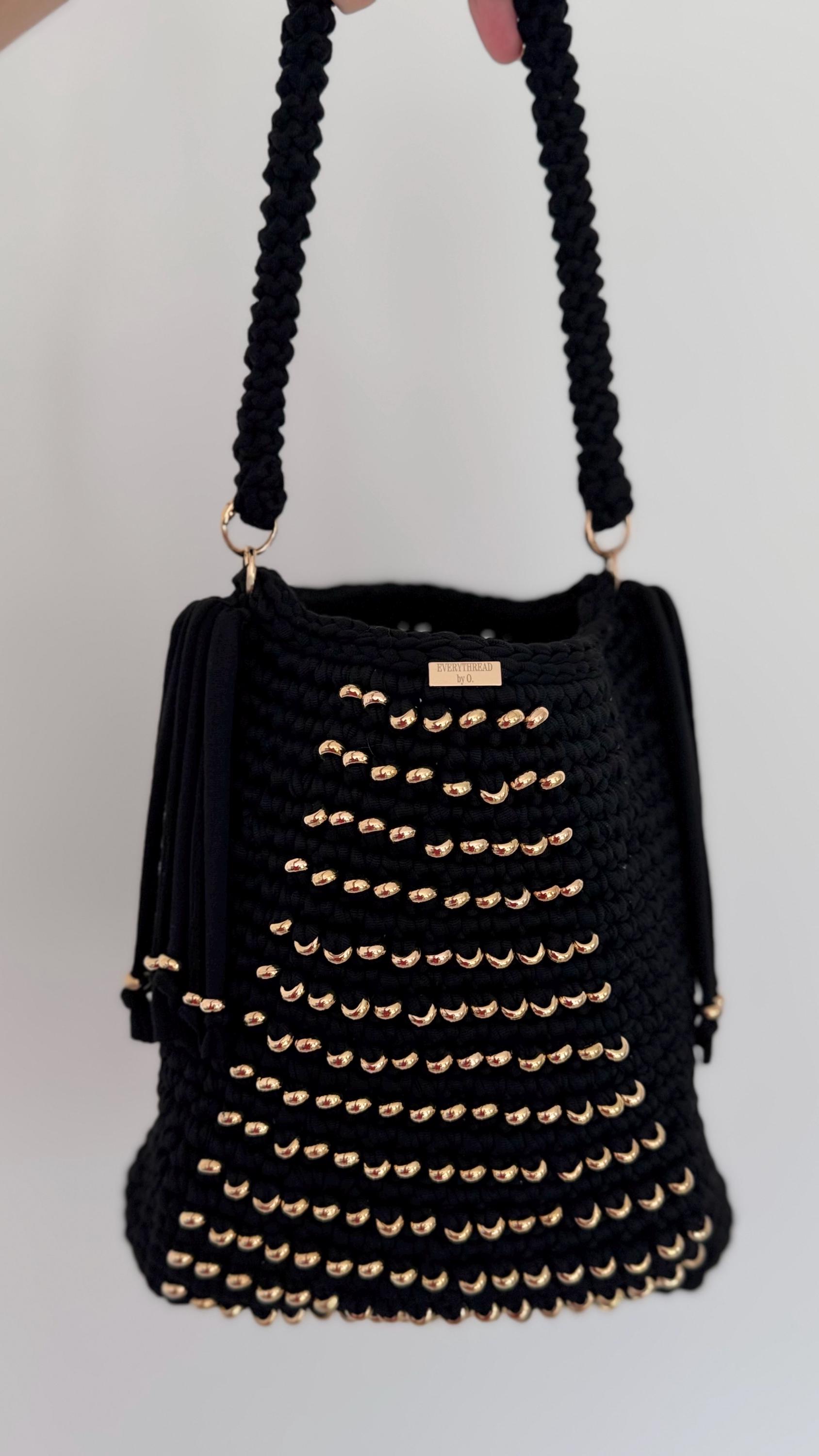 Black Shoulder Bag with Golden Beads, strap detail