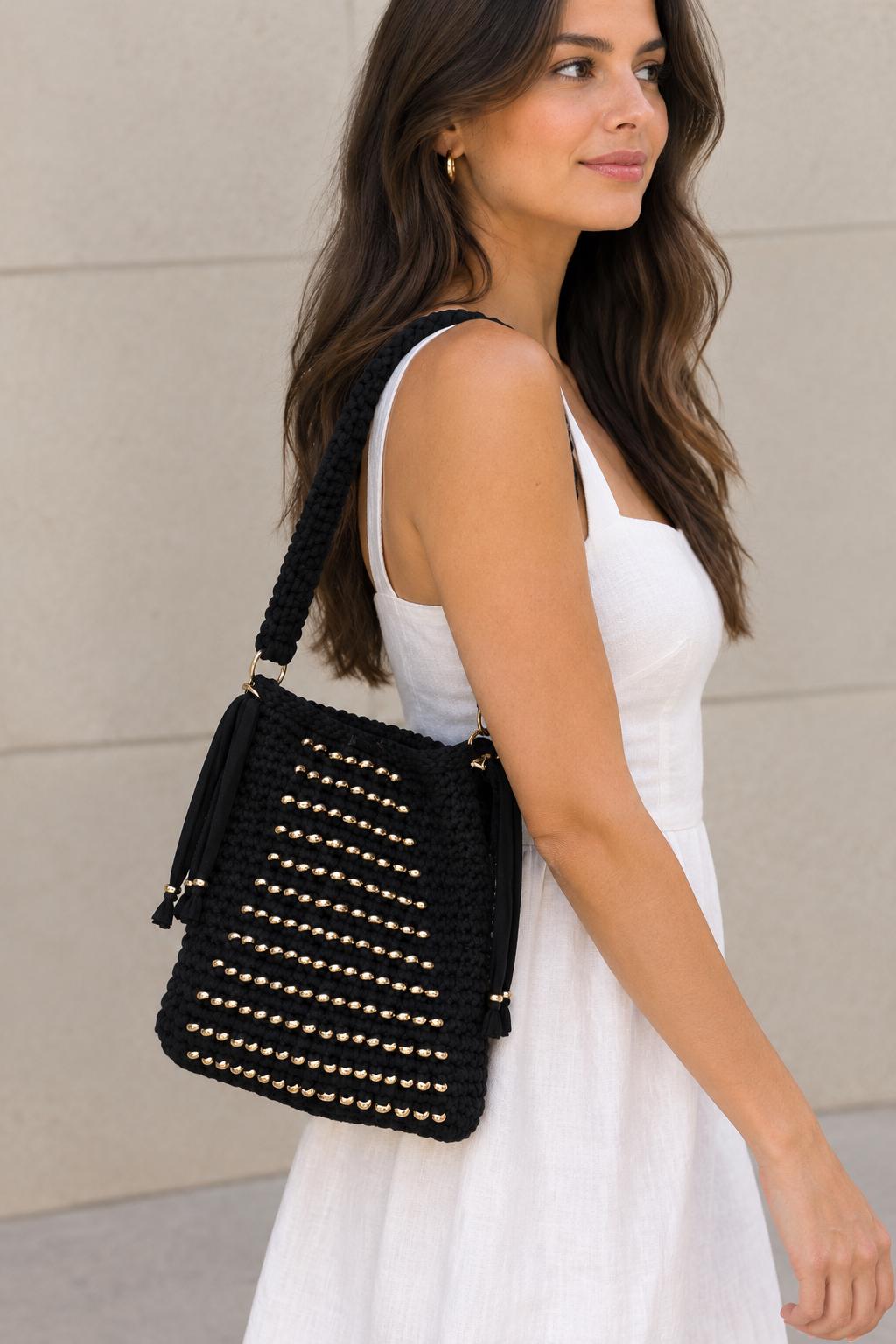 Black Shoulder Bag with Golden Beads, styled view