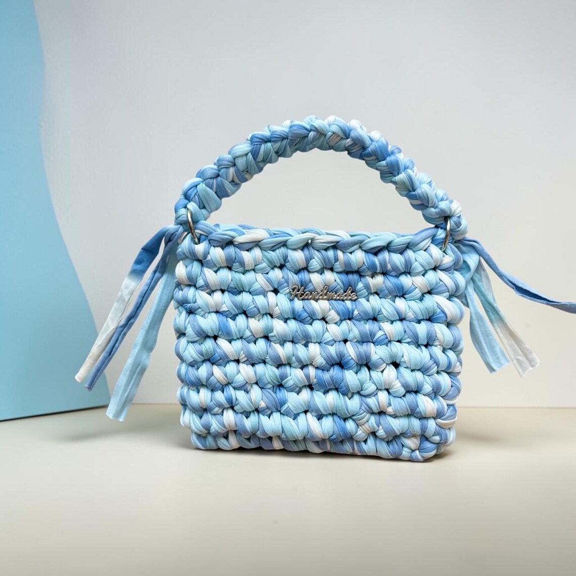 Blue & White Crochet Purse, side view