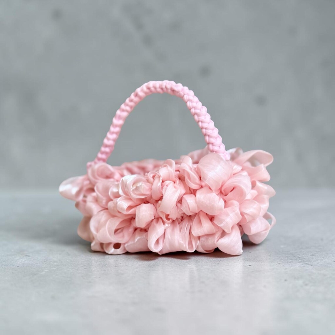 Blush pink organza ribbon crochet mini bag with matching top handle