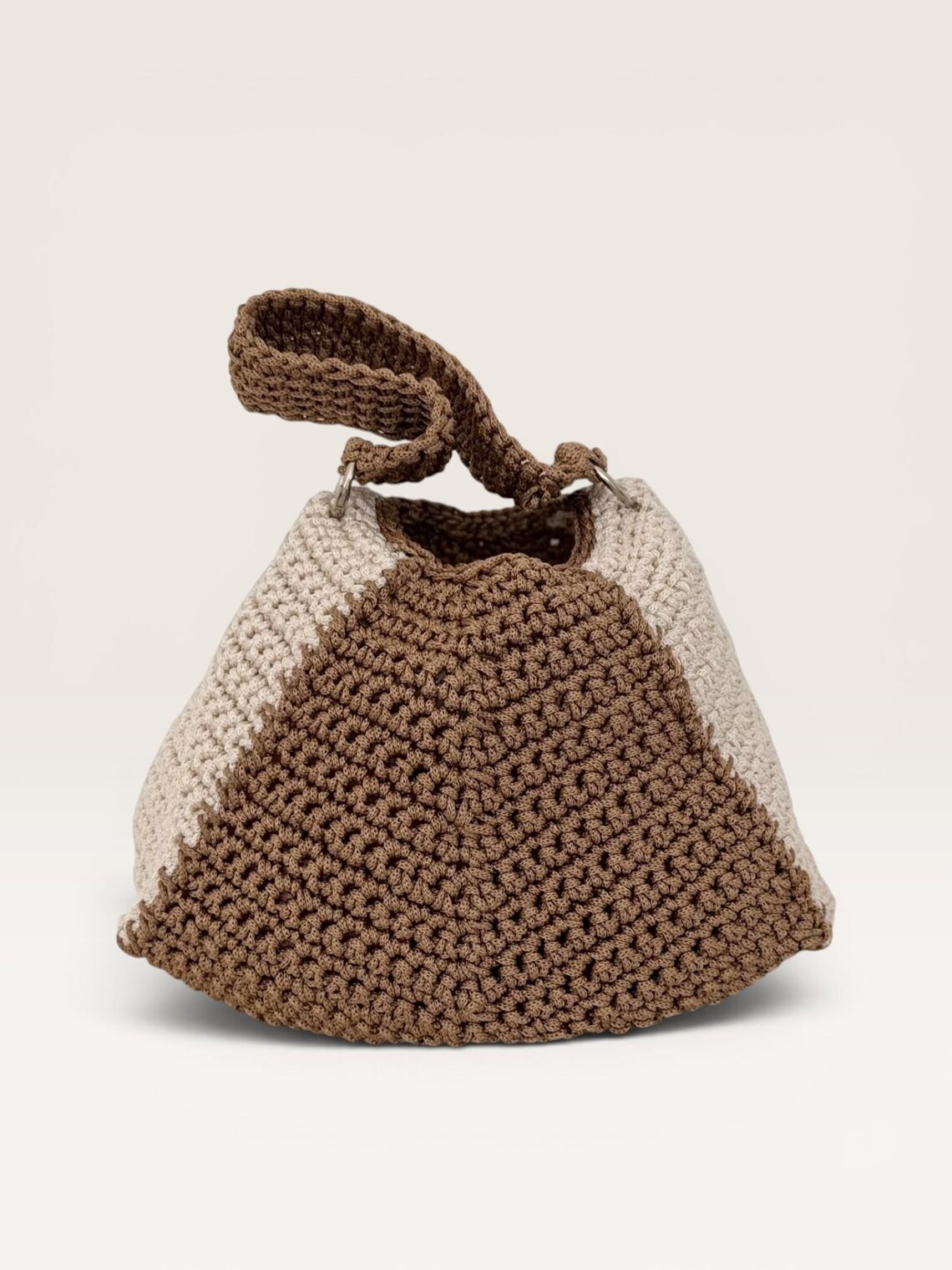 Two-tone brown and cream crochet colour block handbag