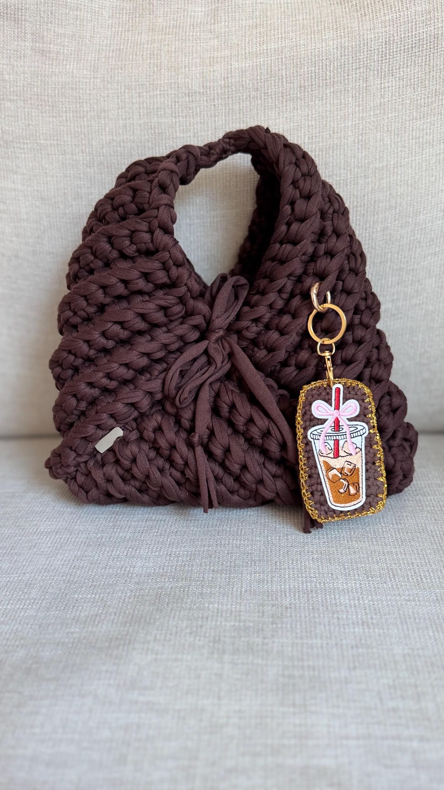 Brown Triangular Handbag with Iced Coffee Charm, charm detail