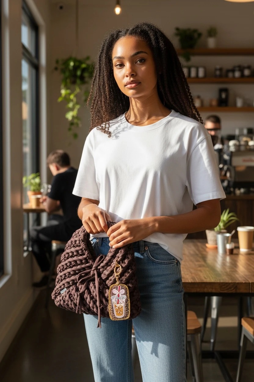 Brown Triangular Handbag with Iced Coffee Charm, lifestyle view in cafe