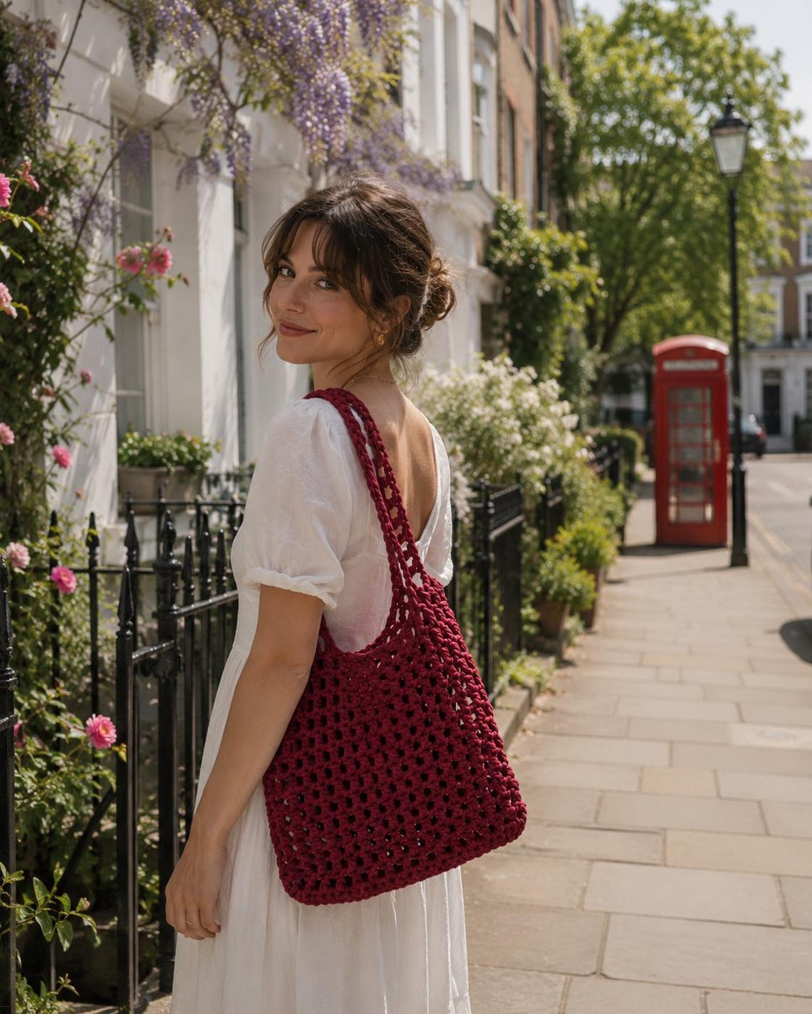 Handmade burgundy crochet boho market tote bag