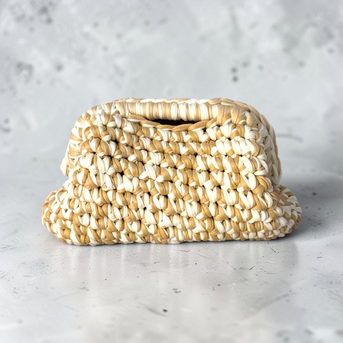 Handmade camel and ivory crochet clutch bag with fermoir clasp