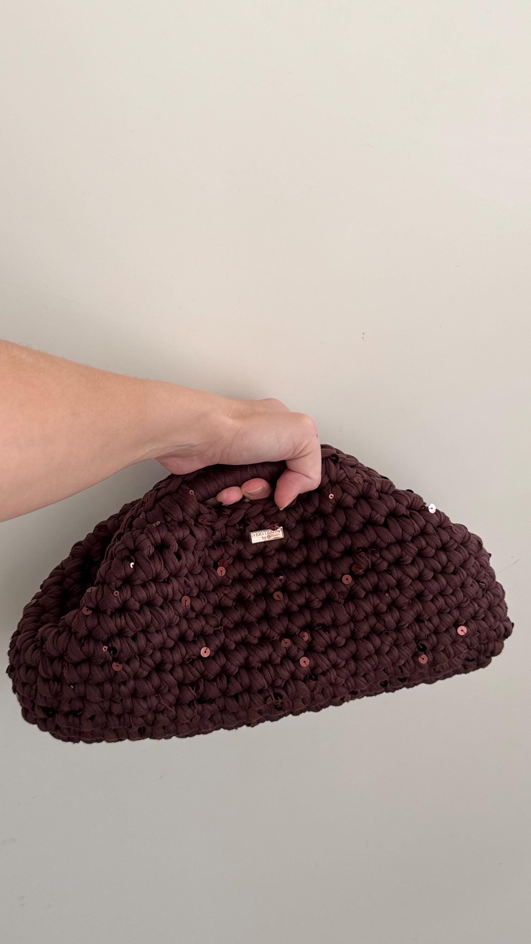 Chocolate brown sequin clutch, side view