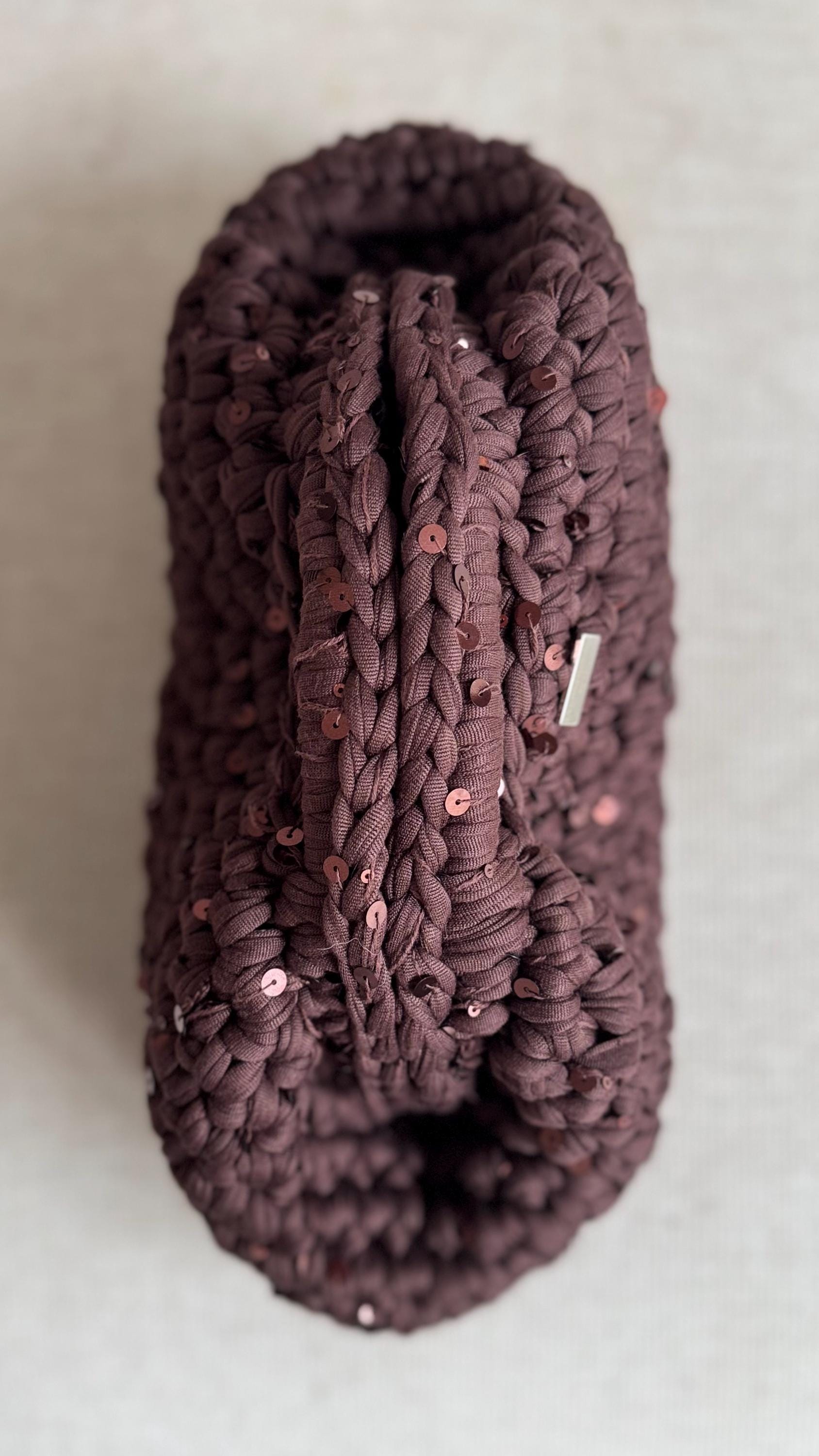 Chocolate brown sequin clutch, styled view