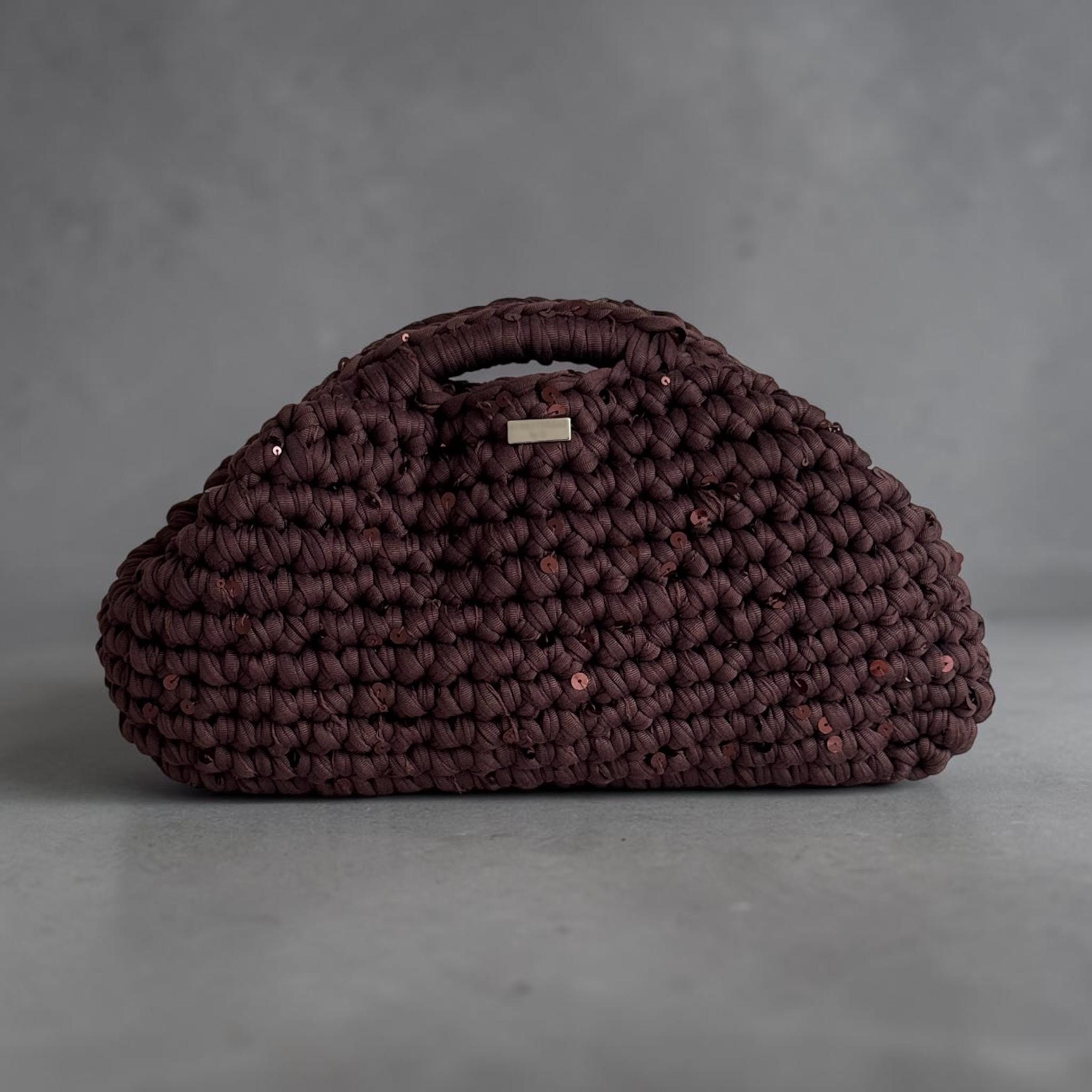 Chocolate brown crochet clutch bag with tonal sequins and fermoir clasp
