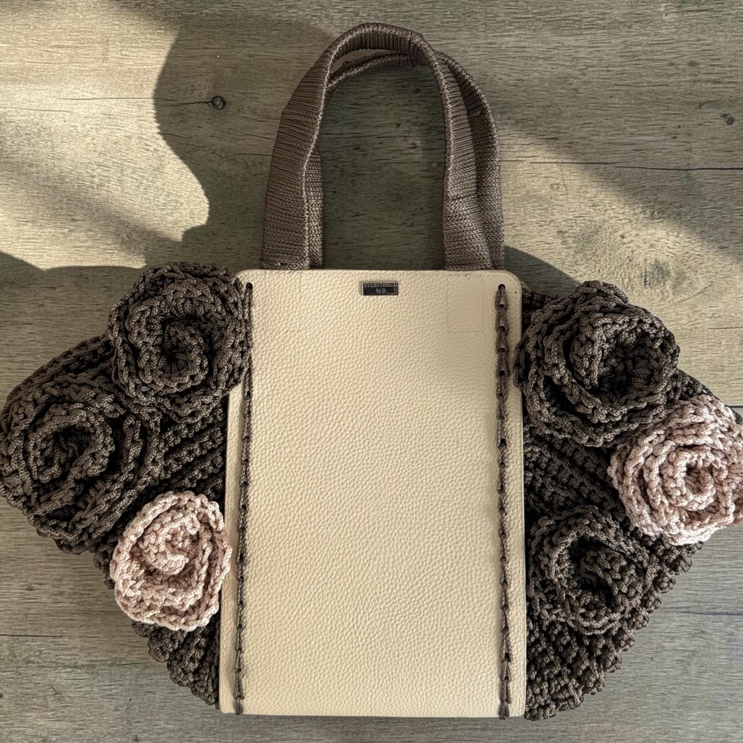 Chocolate and cream crochet flower tote bag, flat lay view