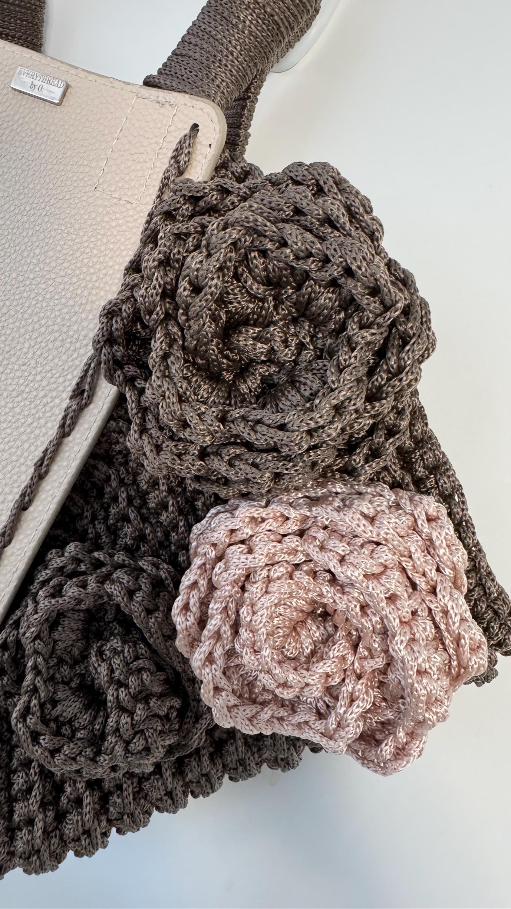 Chocolate and cream crochet flower tote bag, close-up of crochet flower detail
