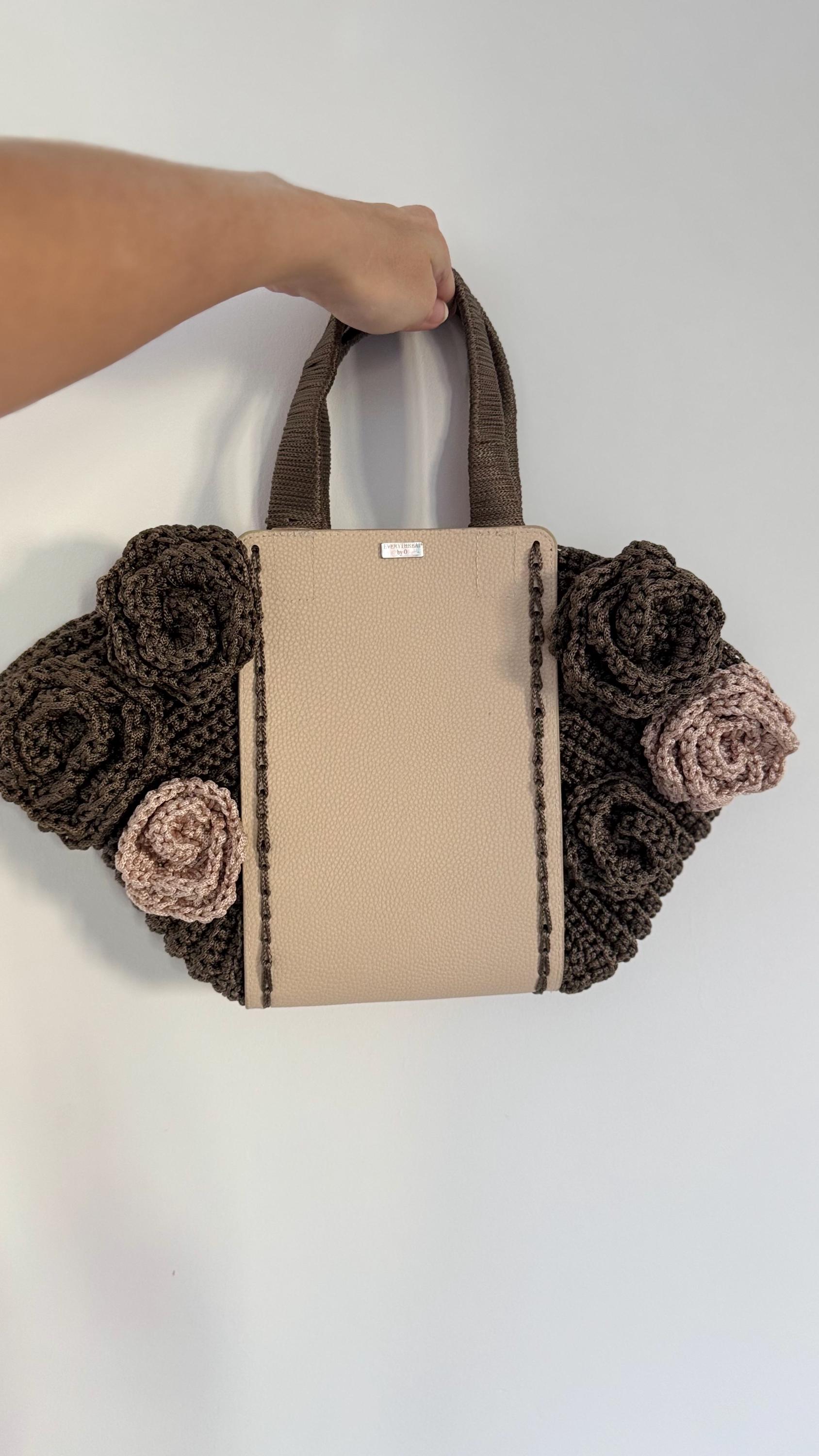 Chocolate and cream crochet flower tote bag, side view