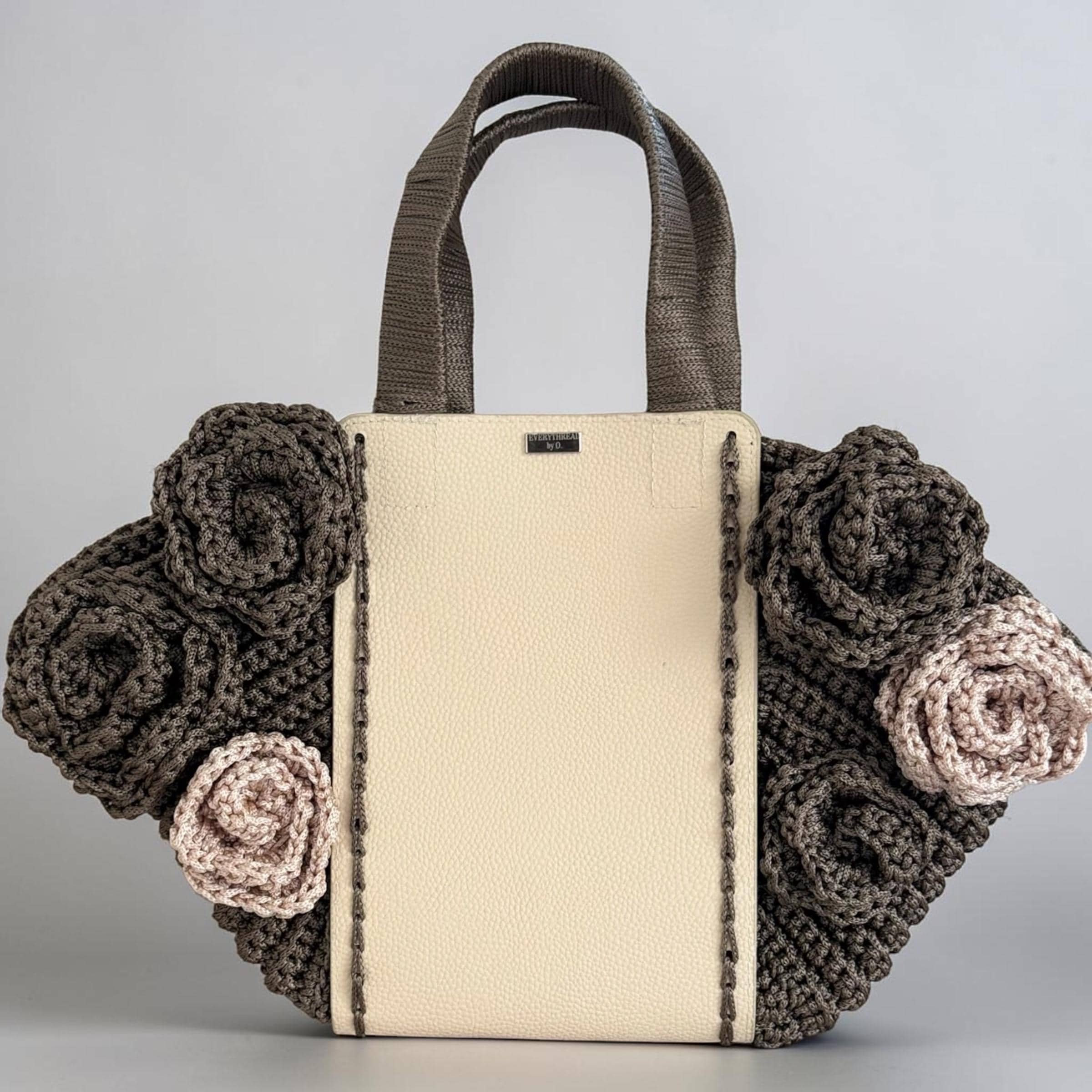 Chocolate and cream crochet flower tote bag with faux-leather panel