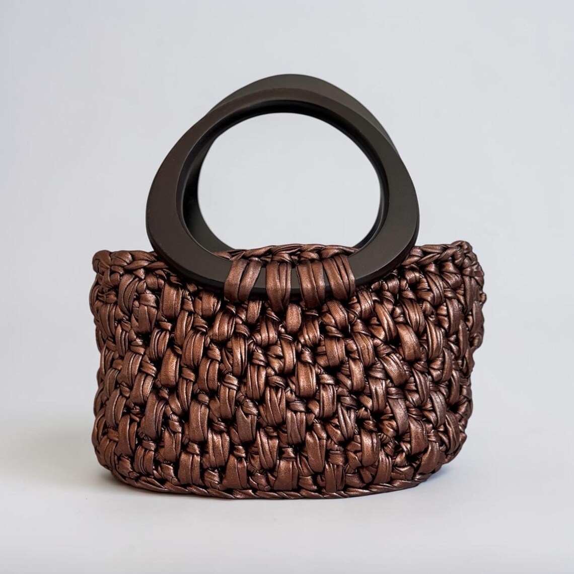 Handmade metallic crochet handbag in chocolate brown with wooden handle
