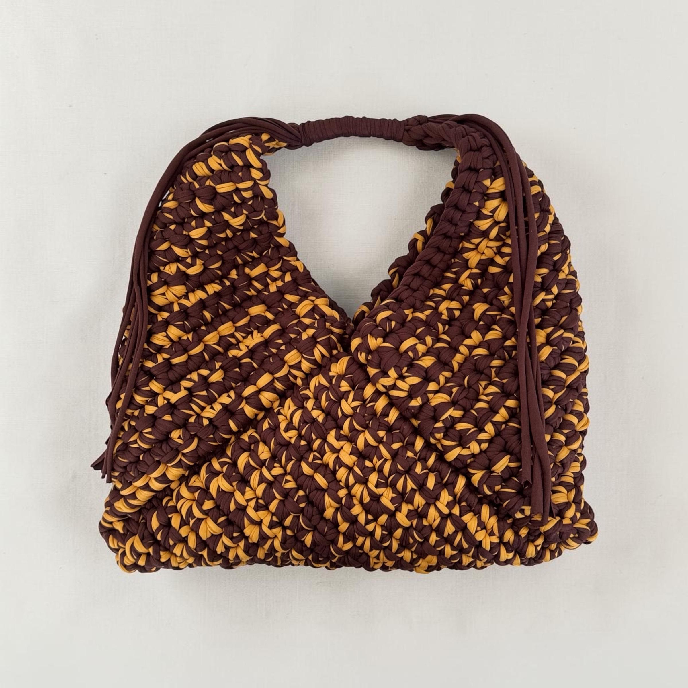 Chocolate & Mustard Triangle Bag, close-up of tassel detail