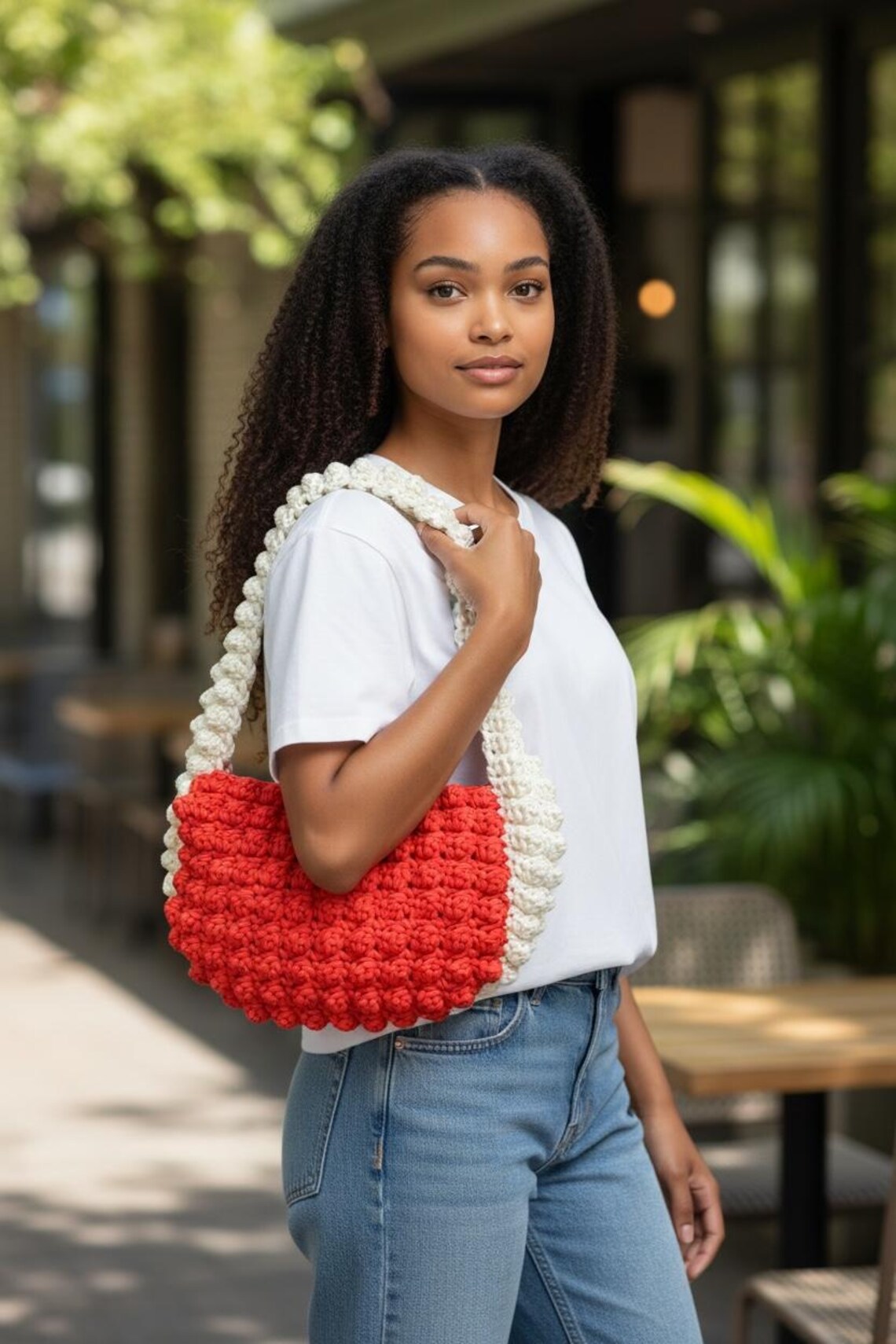 Coral Bobble Stitch Handbag, detail view