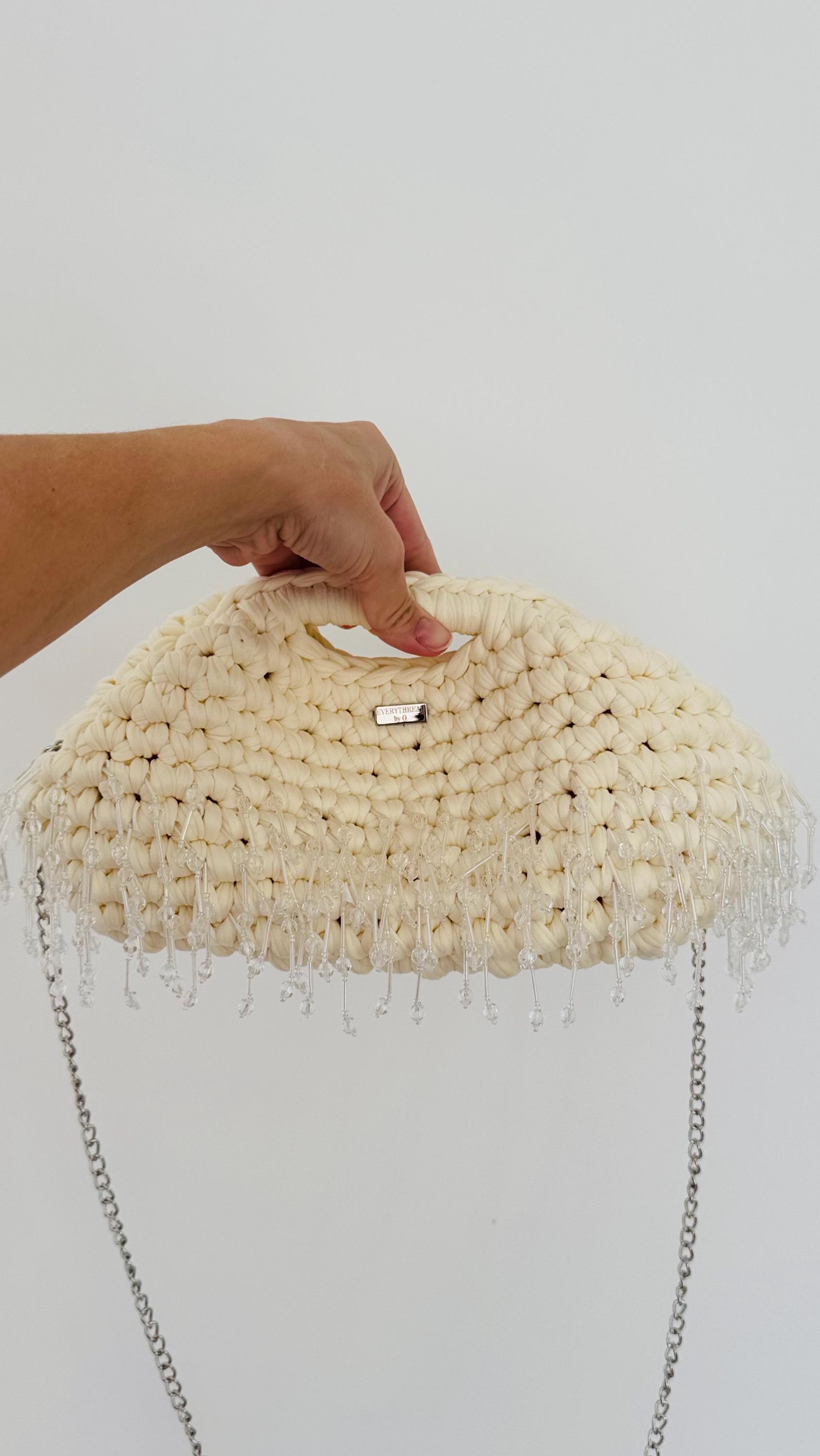 Cream Beaded Tassel Clutch, with removable crossbody strap
