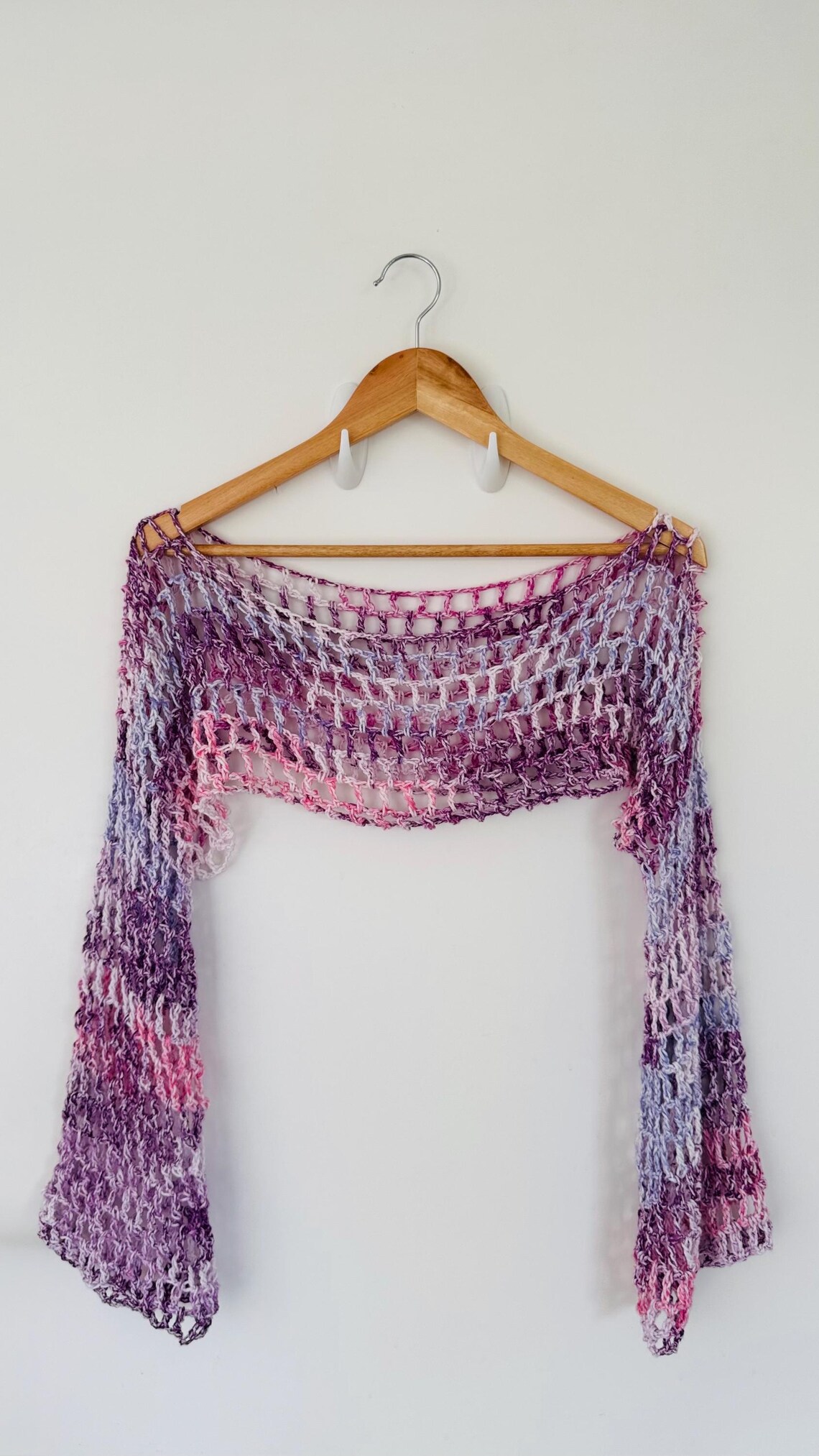 Lilac and purple crochet mesh shrug