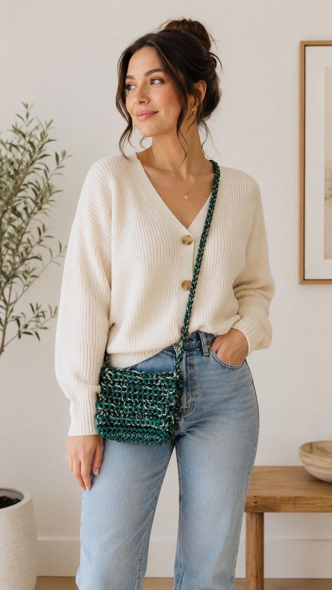 Emerald Crochet Crossbody Bag, detail view
