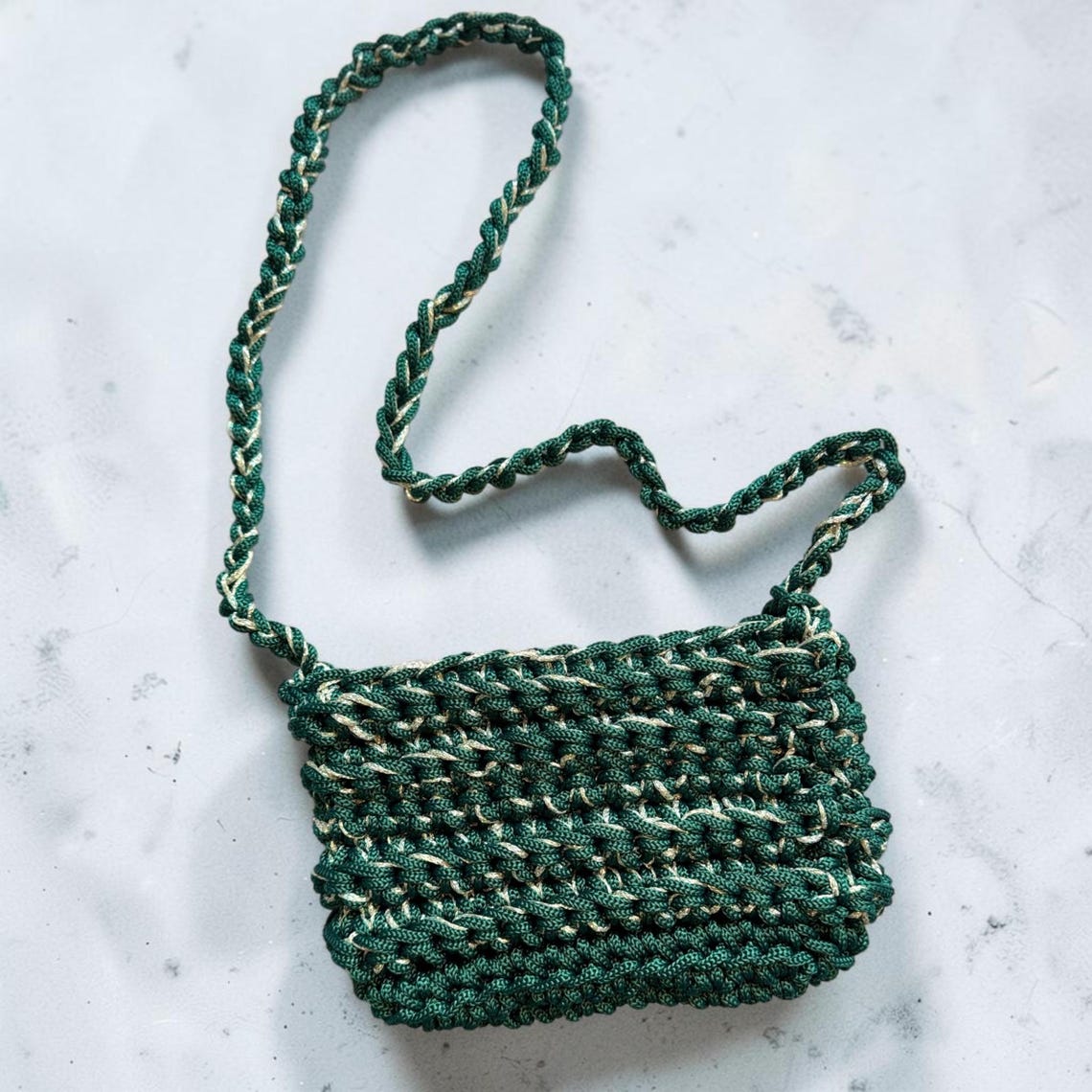 Emerald green textured crochet crossbody mini bag