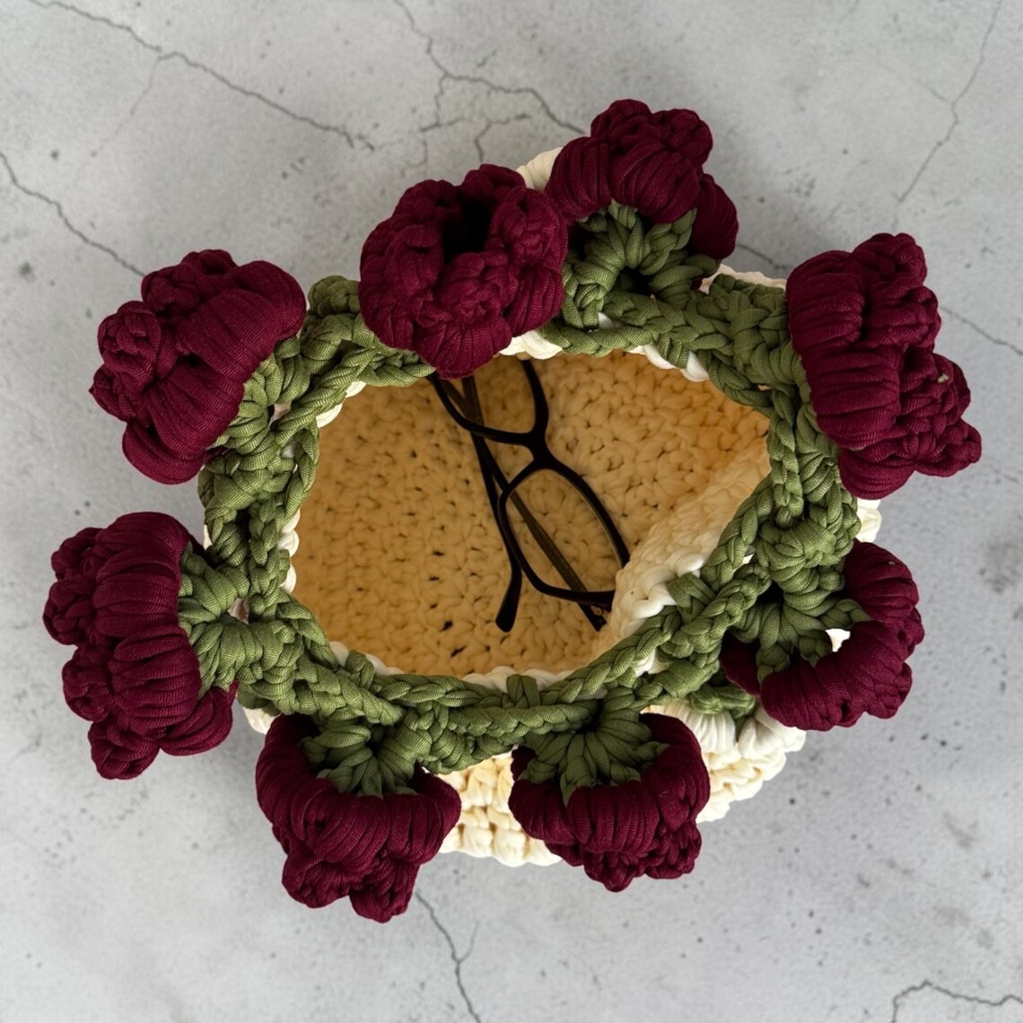 Flower bucket bag, worn view