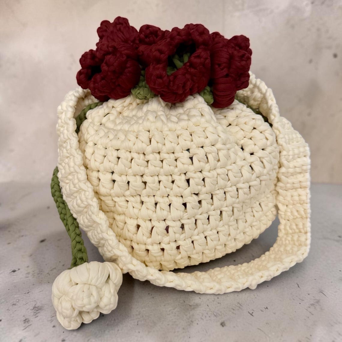 Cream crochet flower bucket bag with drawstring