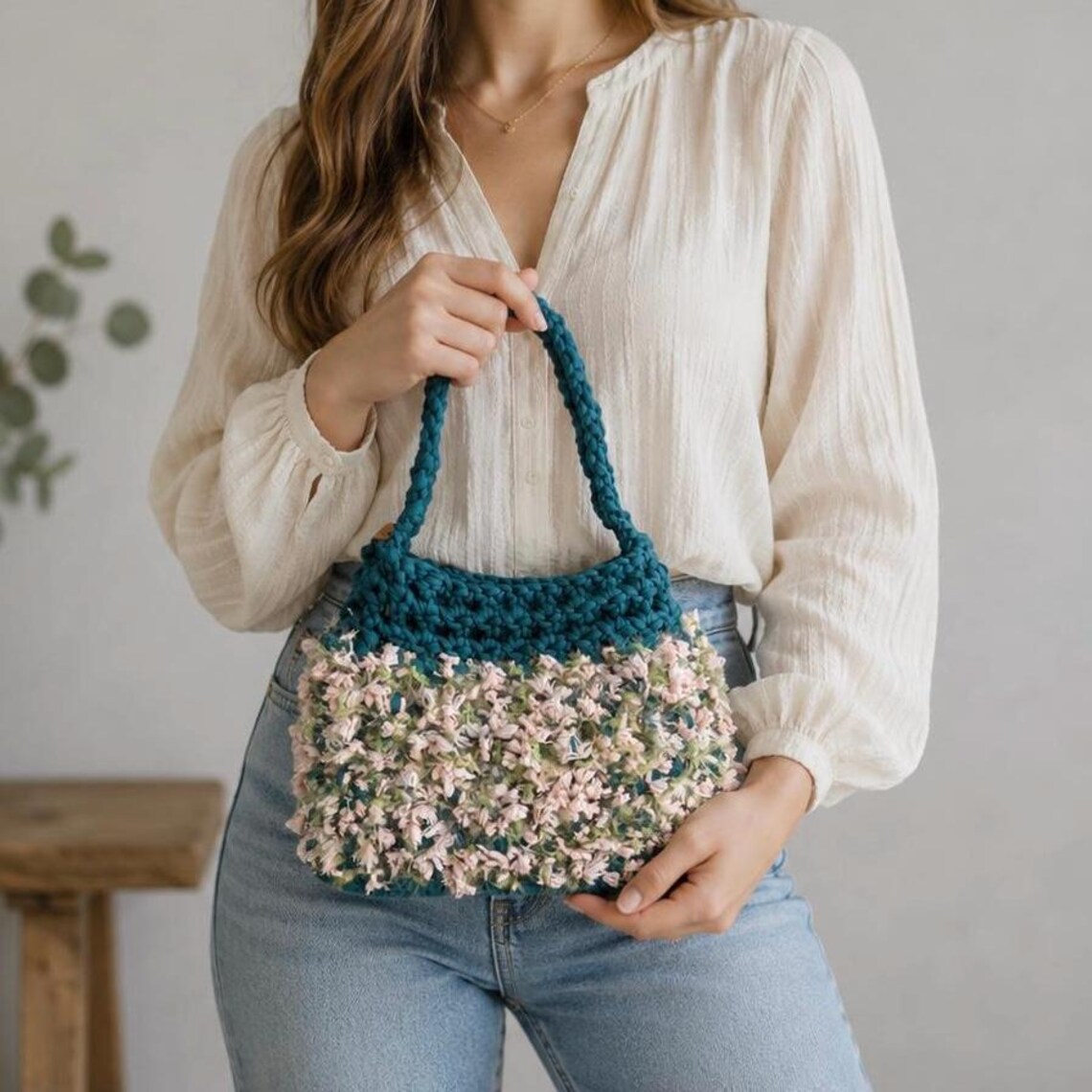 Crochet Flower Mesh Shoulder Bag, side view