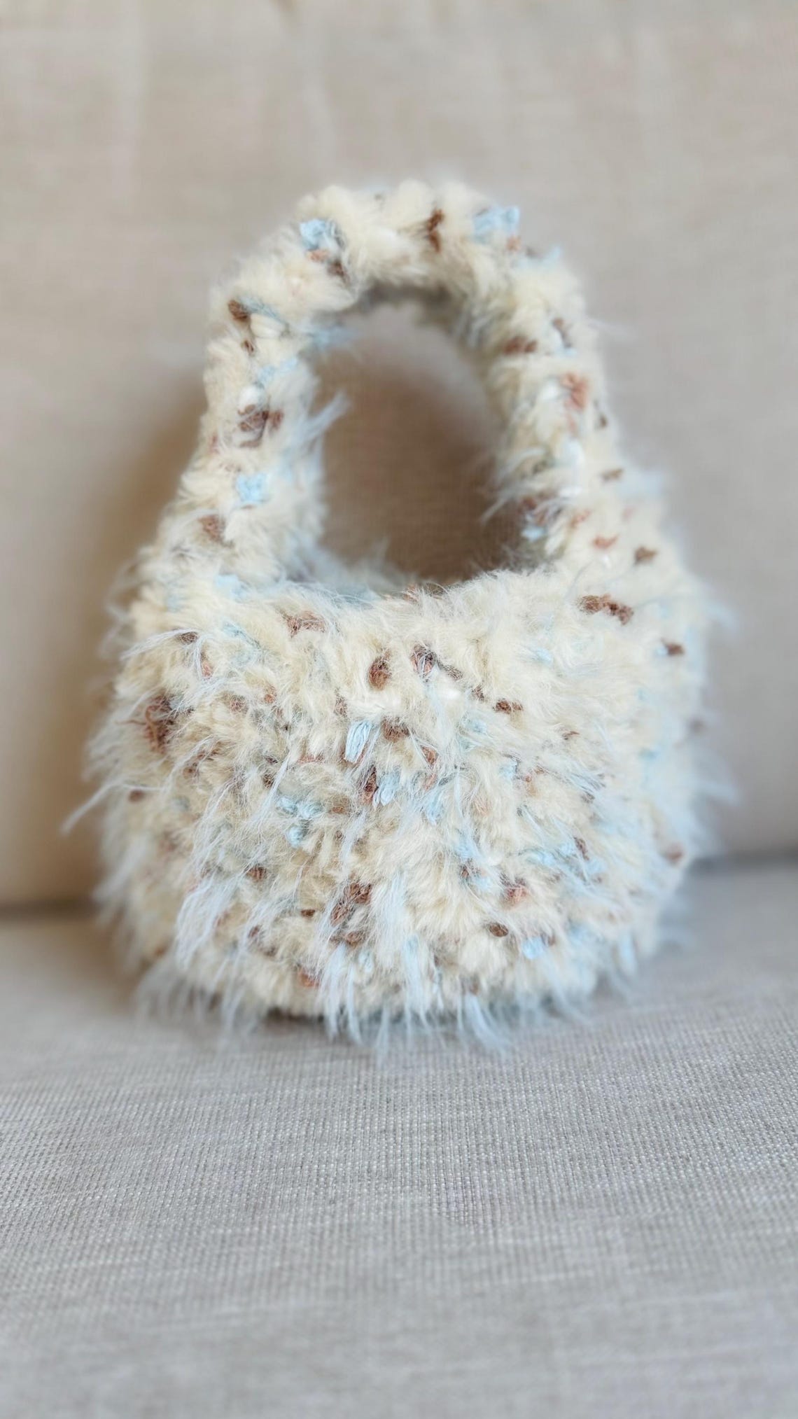 Fluffy Cream Crochet Handbag, side view