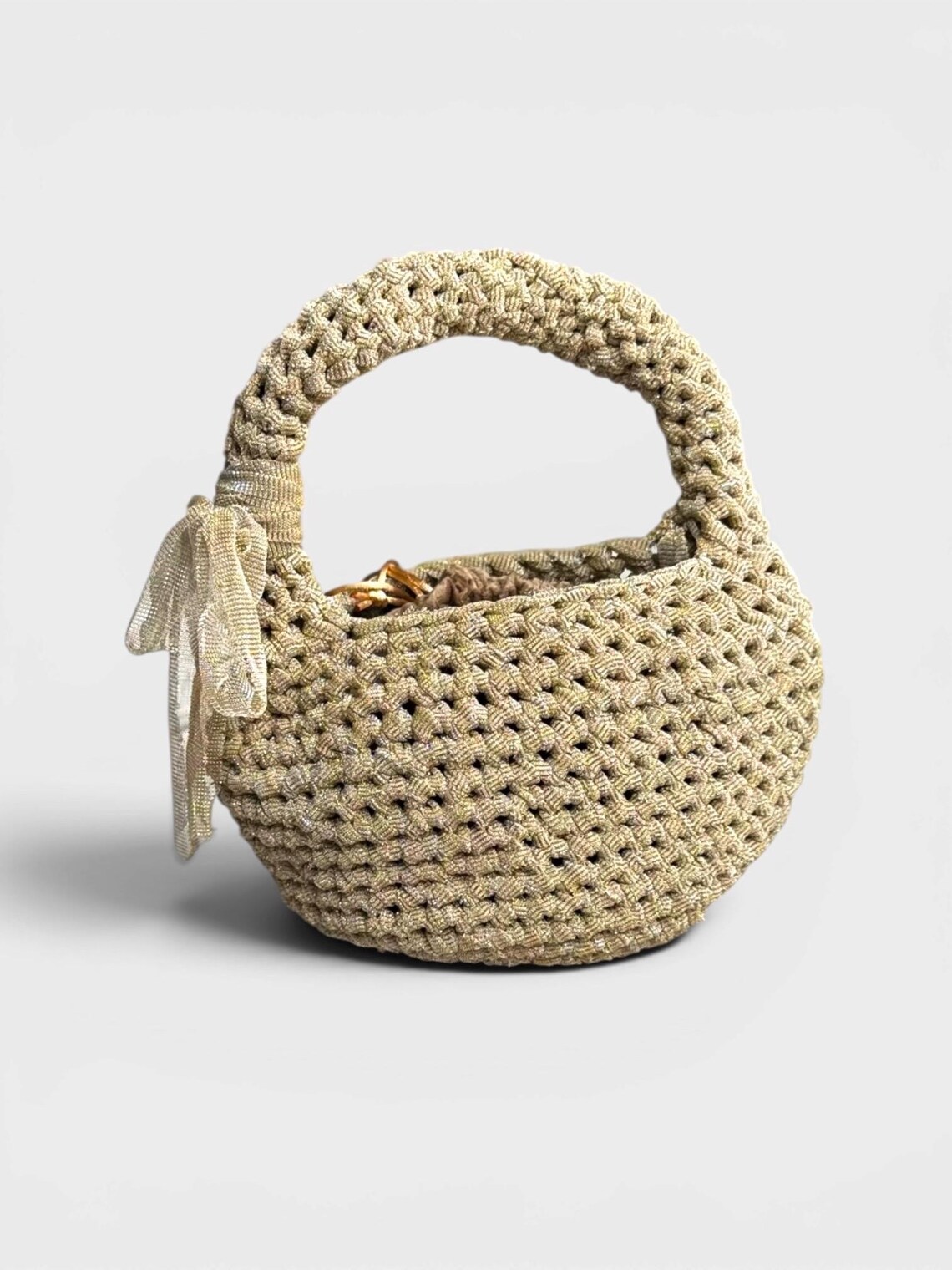 Handmade gold sparkly crochet summer handbag with velvet inner pouch