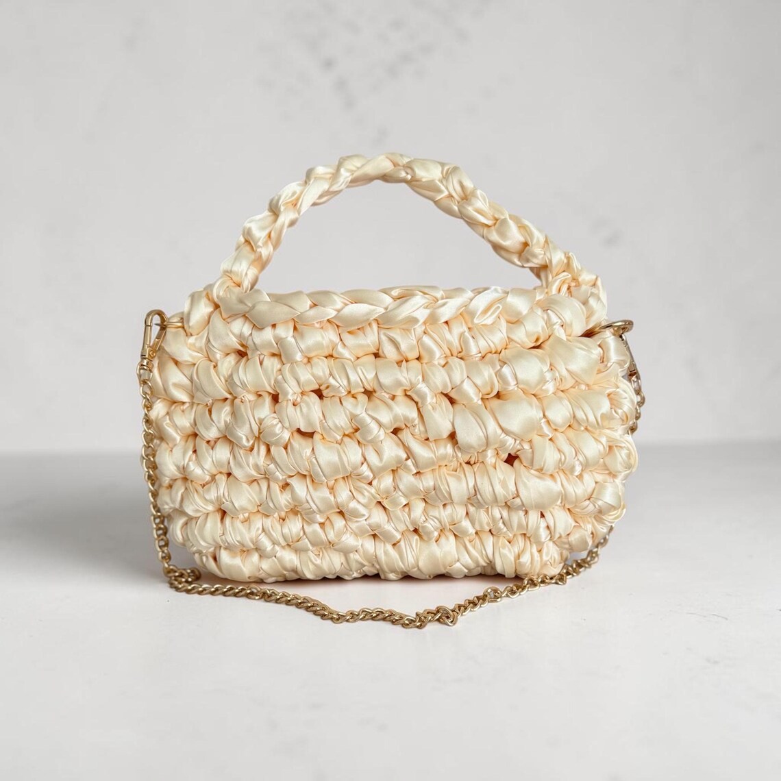 Ivory satin ribbon crochet purse with removable gold chain strap
