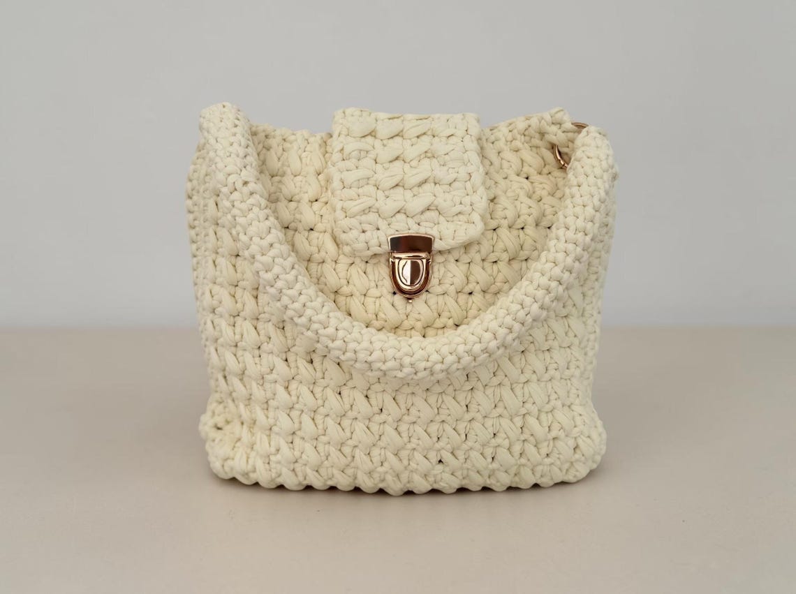 Large Cream Flap Handbag, side view