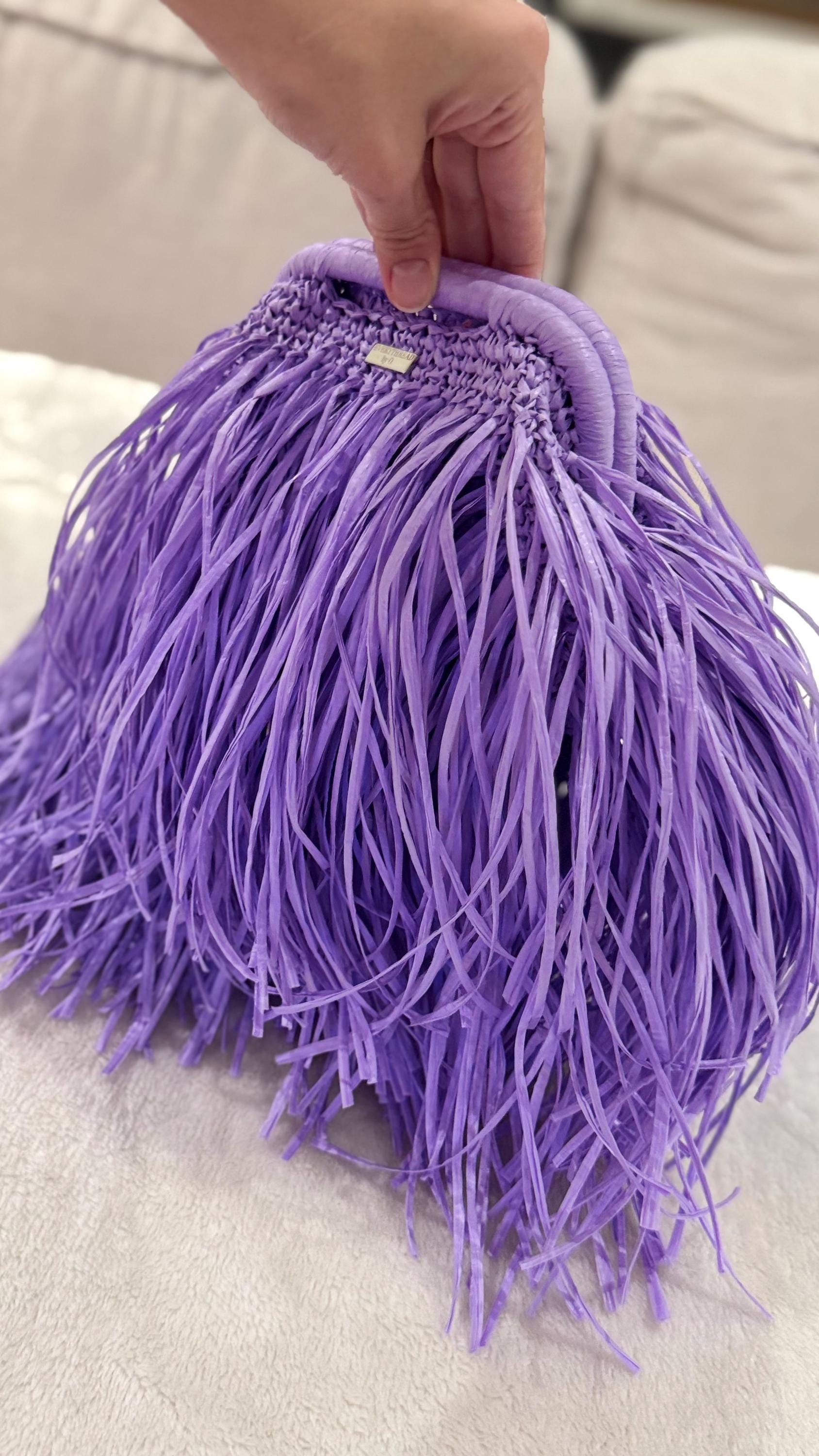Lavender Raffia Fringe Clutch, side view