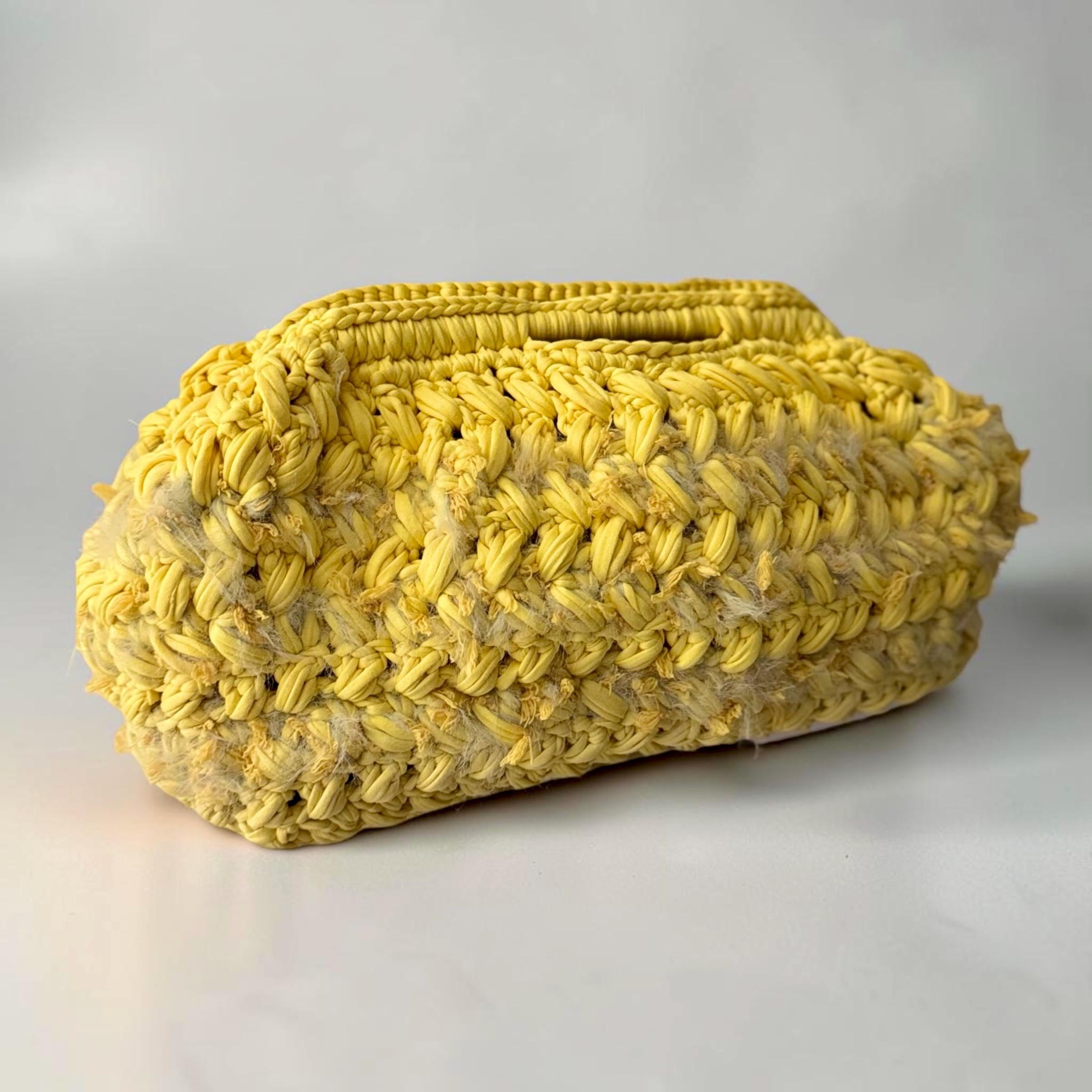 Extra-large handmade lemon yellow crochet bag with woven textile flowers and fermoir clasp