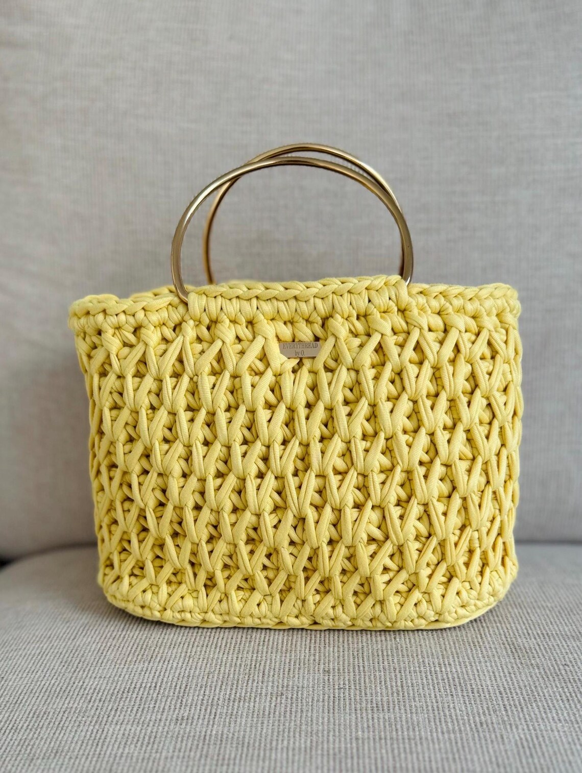 Lemon yellow crochet tote bag with gold handles