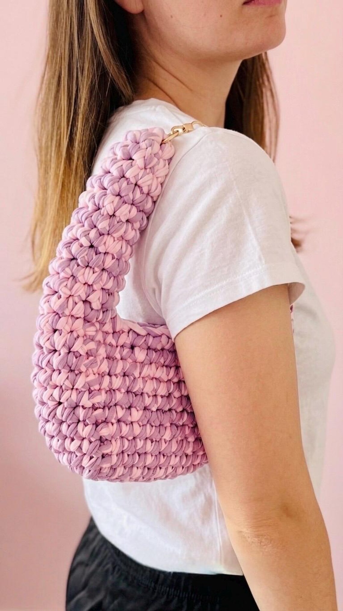 Lilac and blush shoulder bag, worn view