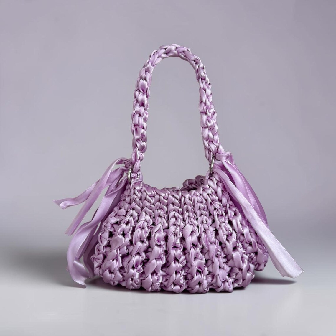 Handmade lilac satin ribbon crochet micro clutch