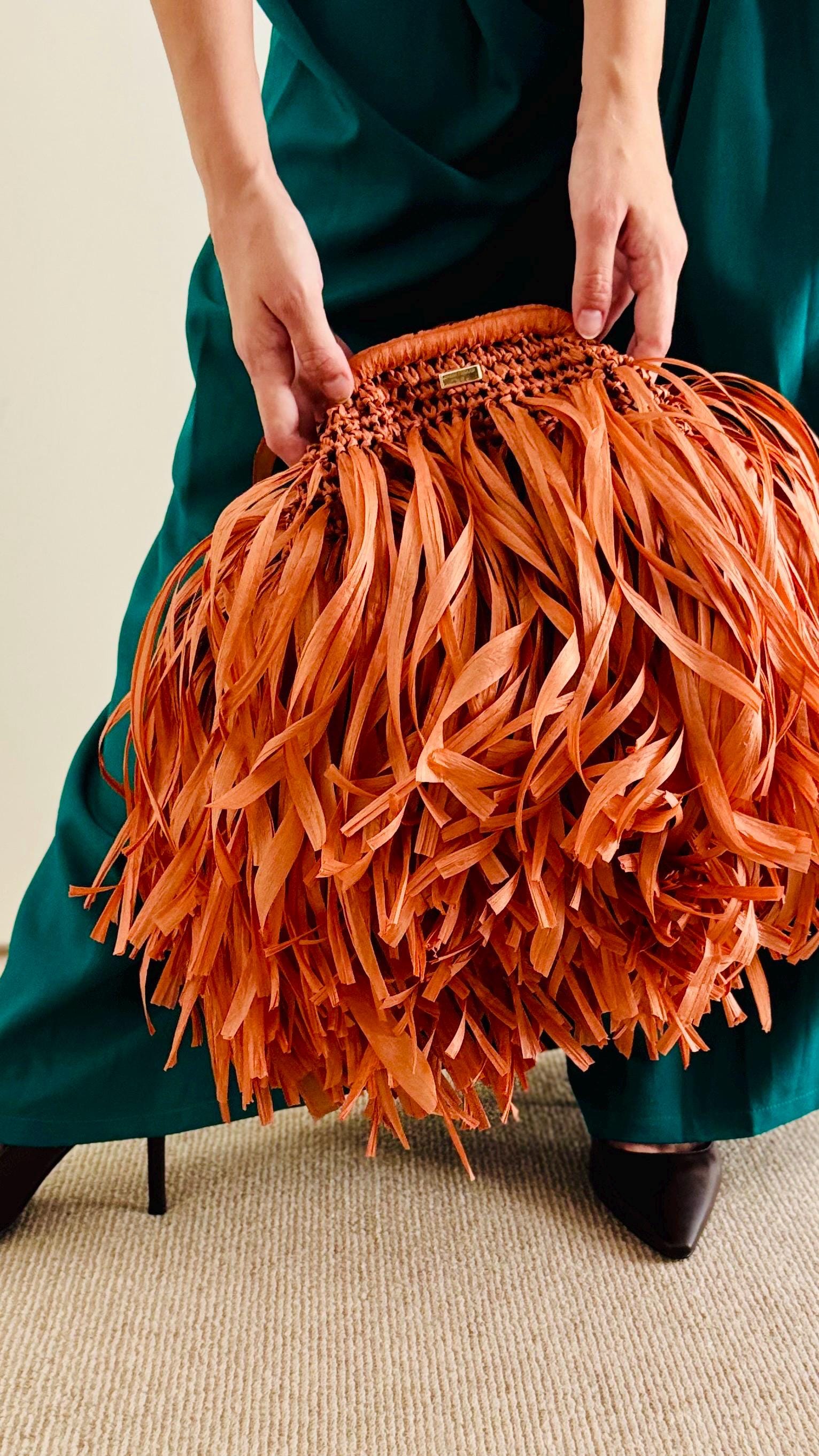 Luxury 100% Premium Raffia Fringe Handbag, side view