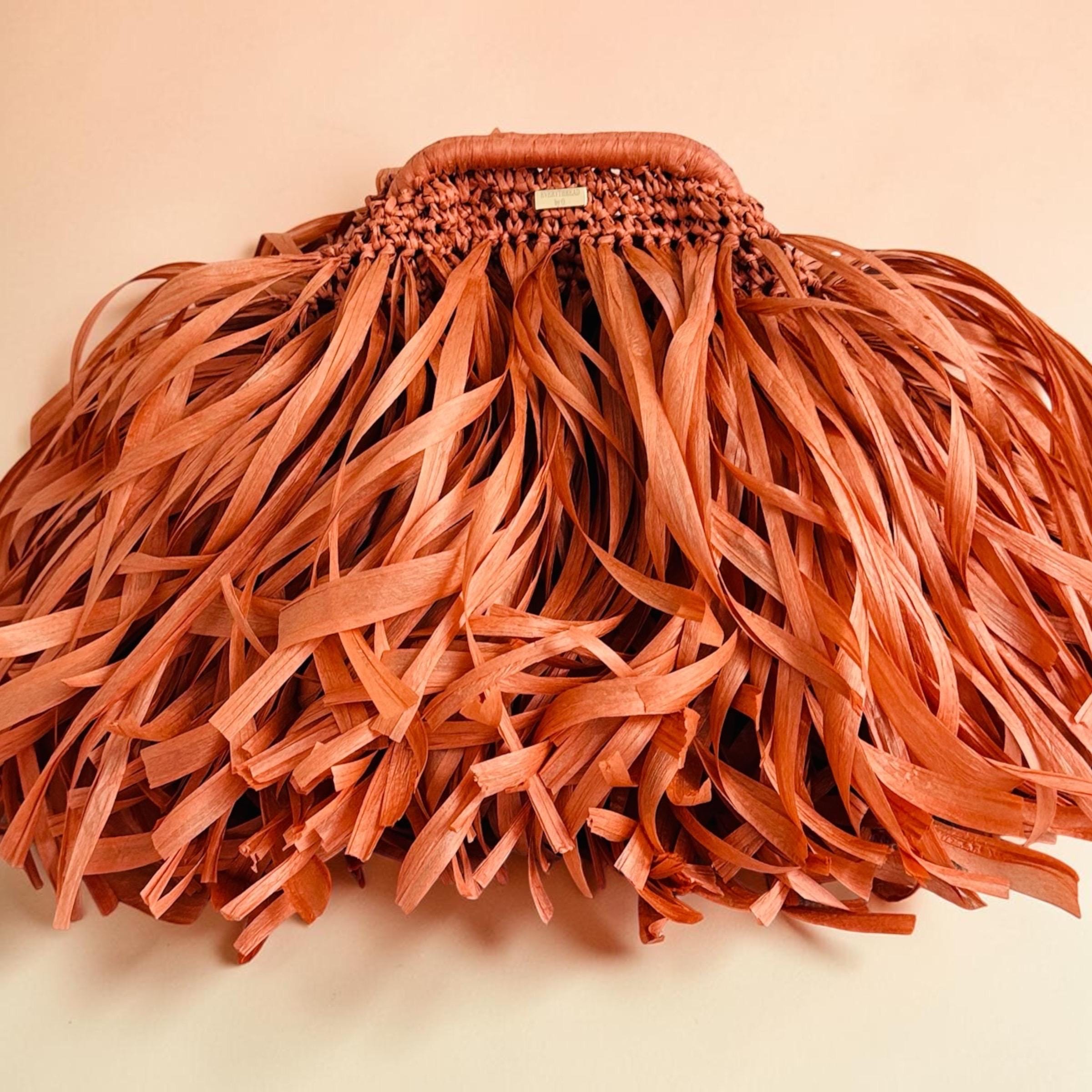 Luxury 100% Premium Raffia Fringe Handbag, flat lay view