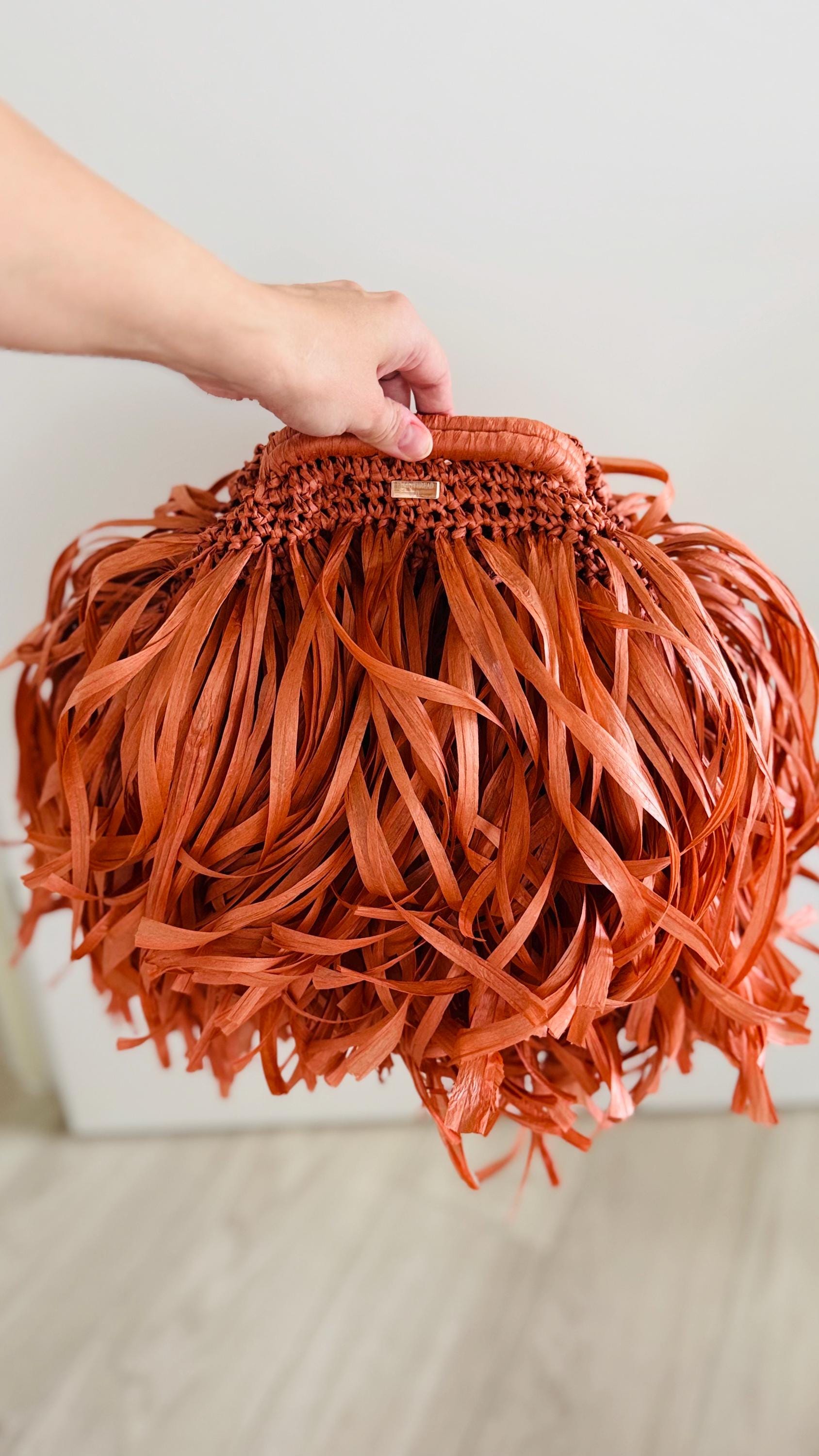 Luxury 100% Premium Raffia Fringe Handbag, styled view