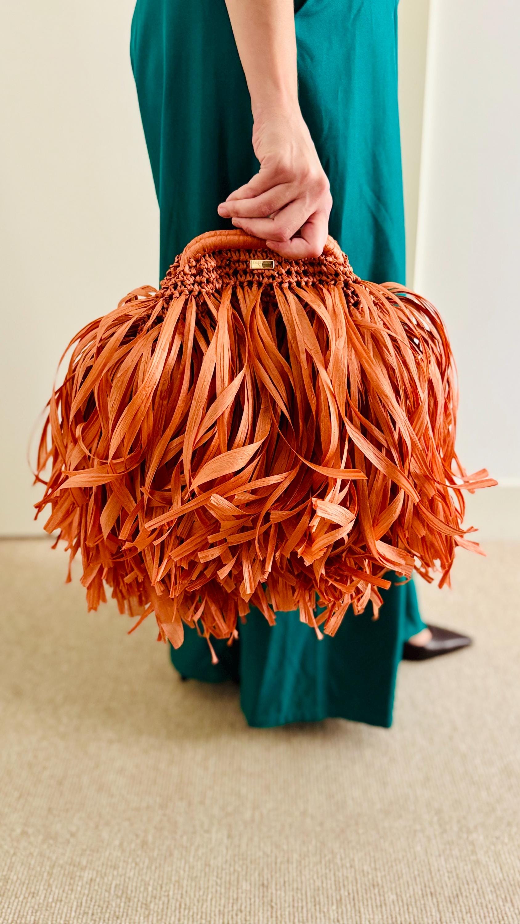 Luxury 100% Premium Raffia Fringe Handbag, held view