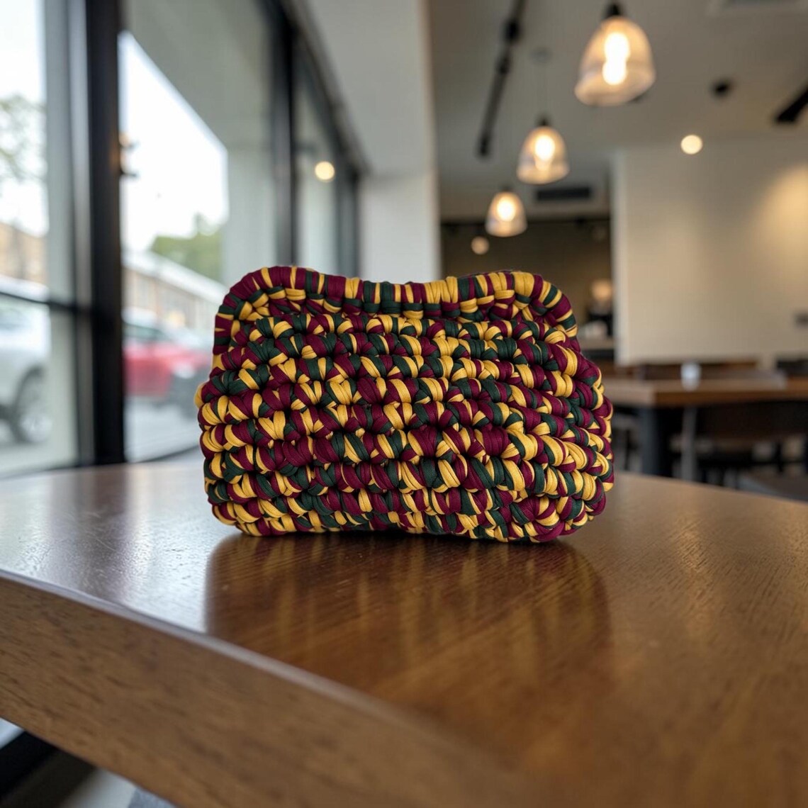Multicolor crochet clutch bag in burgundy, green and mustard with clasp